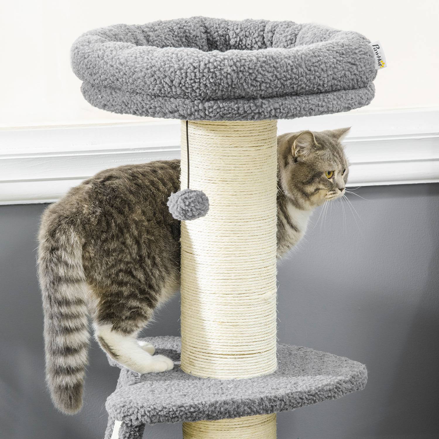 Lång katt klätterträd med sisal & lekboll, grå/kräm