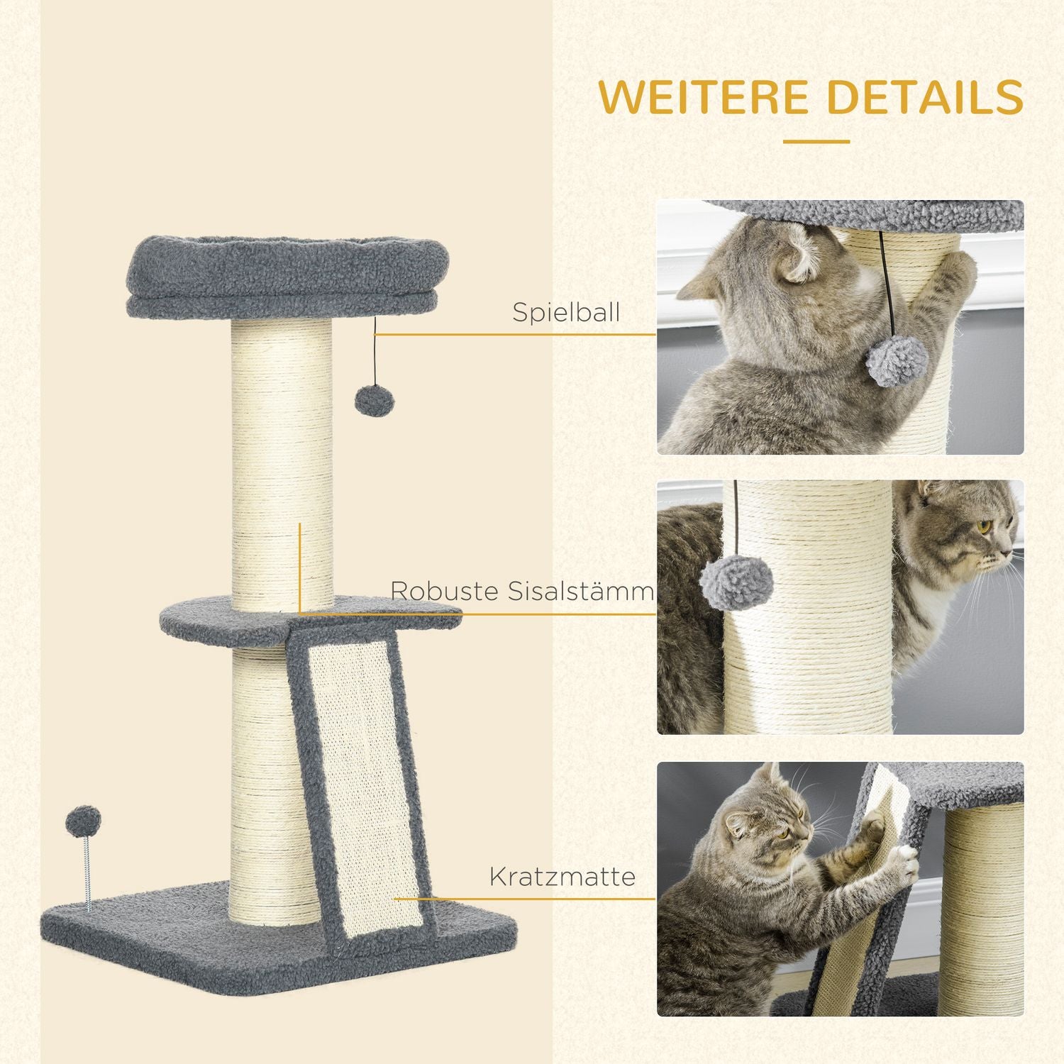 Lång katt klätterträd med sisal & lekboll, grå/kräm