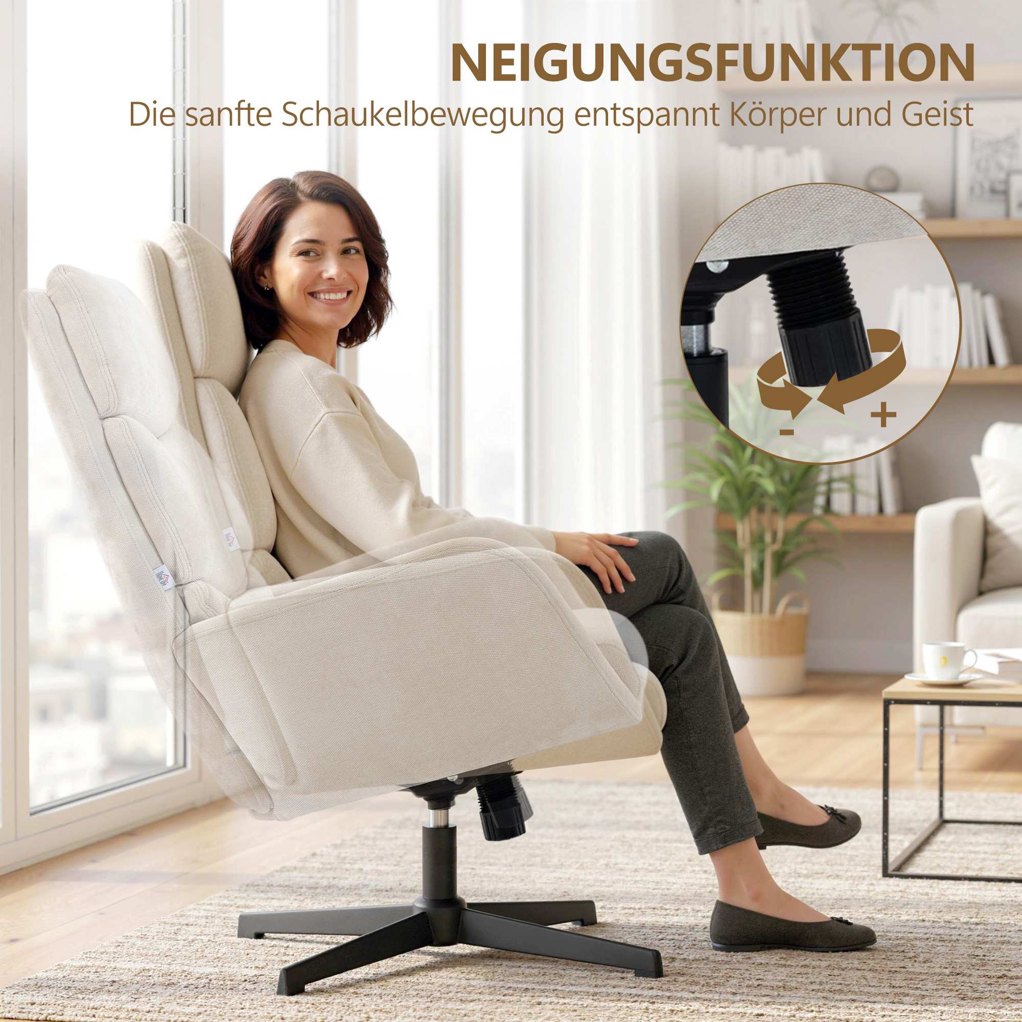 Loungefåtölj med fotpall, hög rygg, metallbas, beige