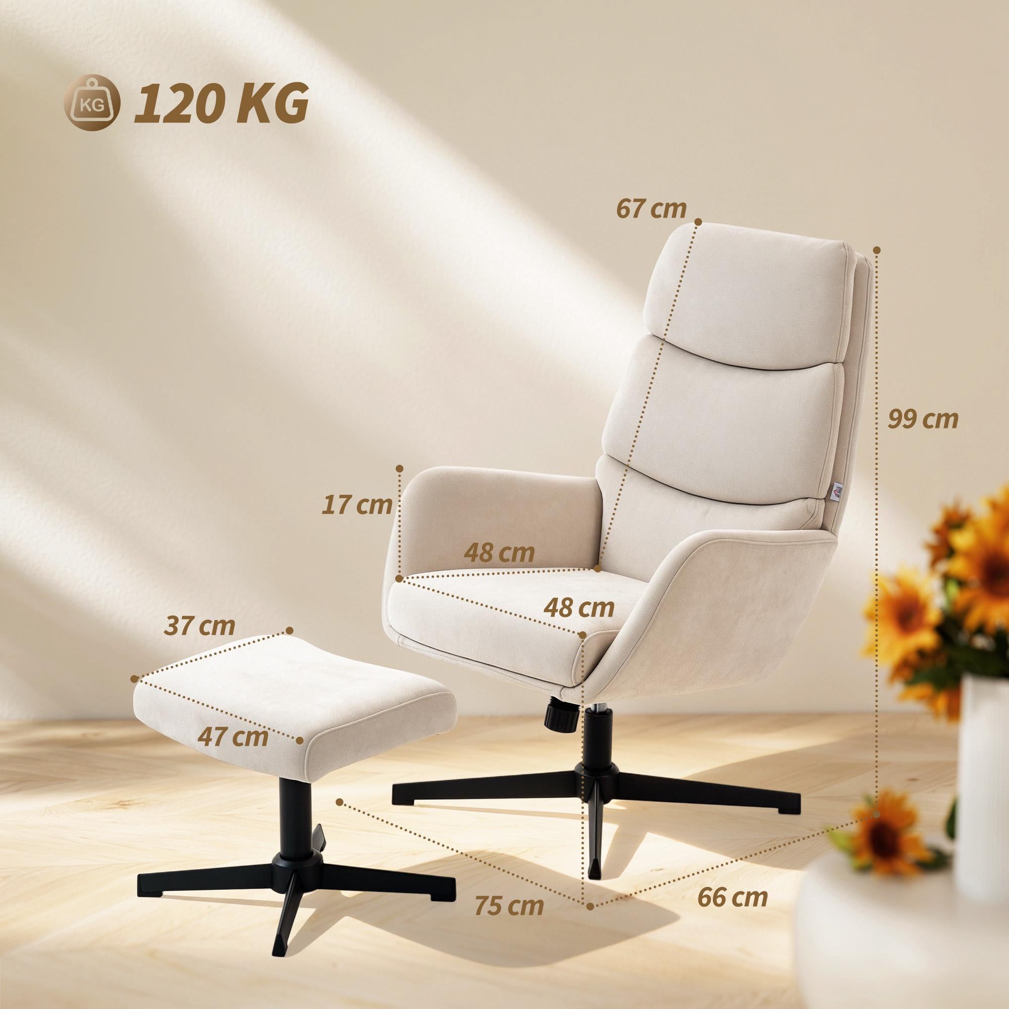 Loungefåtölj med fotpall, hög rygg, metallbas, beige