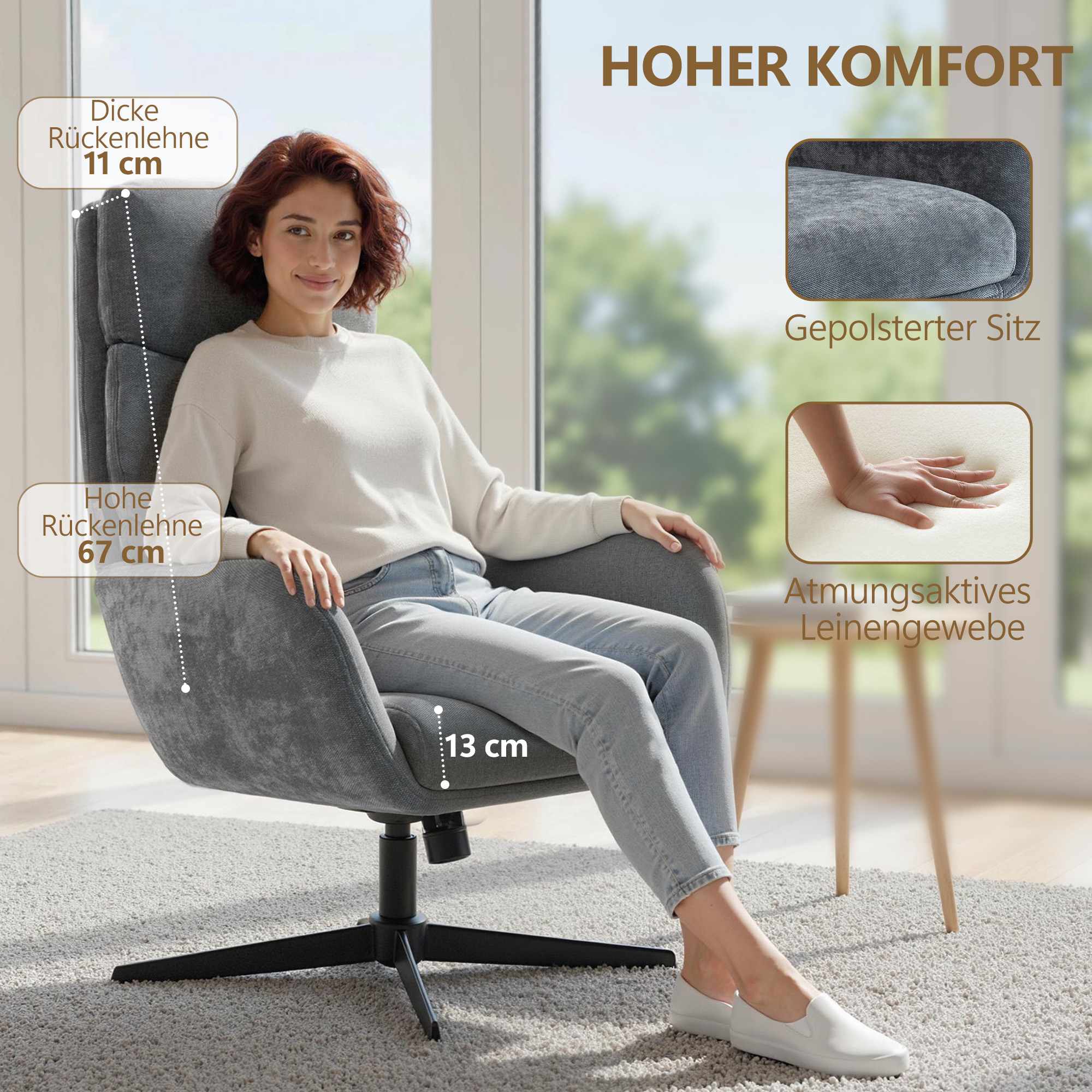 Loungefåtölj med fotpall, hög rygg, metallbas, grå