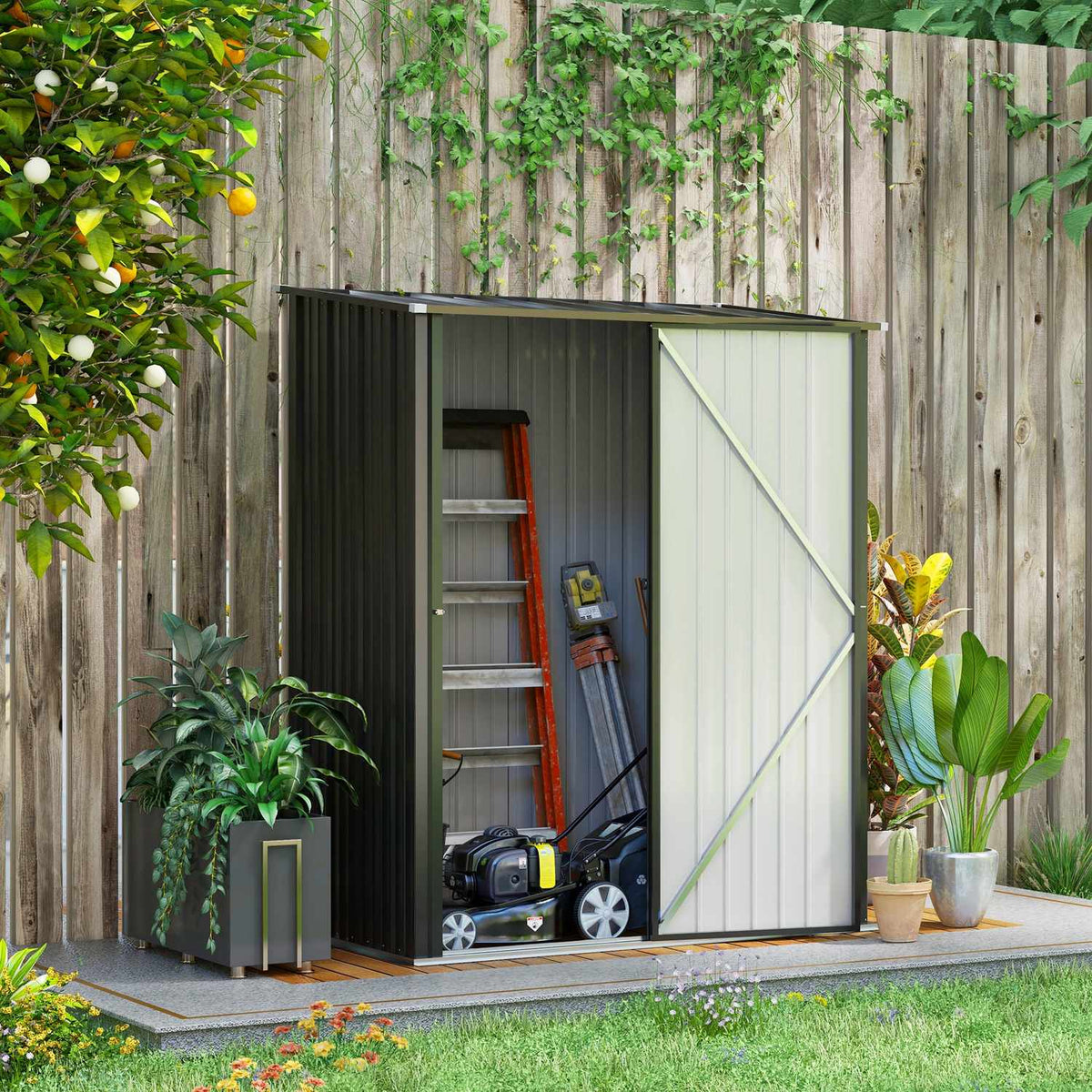 Abschliessbarer Gartenschuppen aus Stahl 1,34m² – Schwarz, Schrägdach