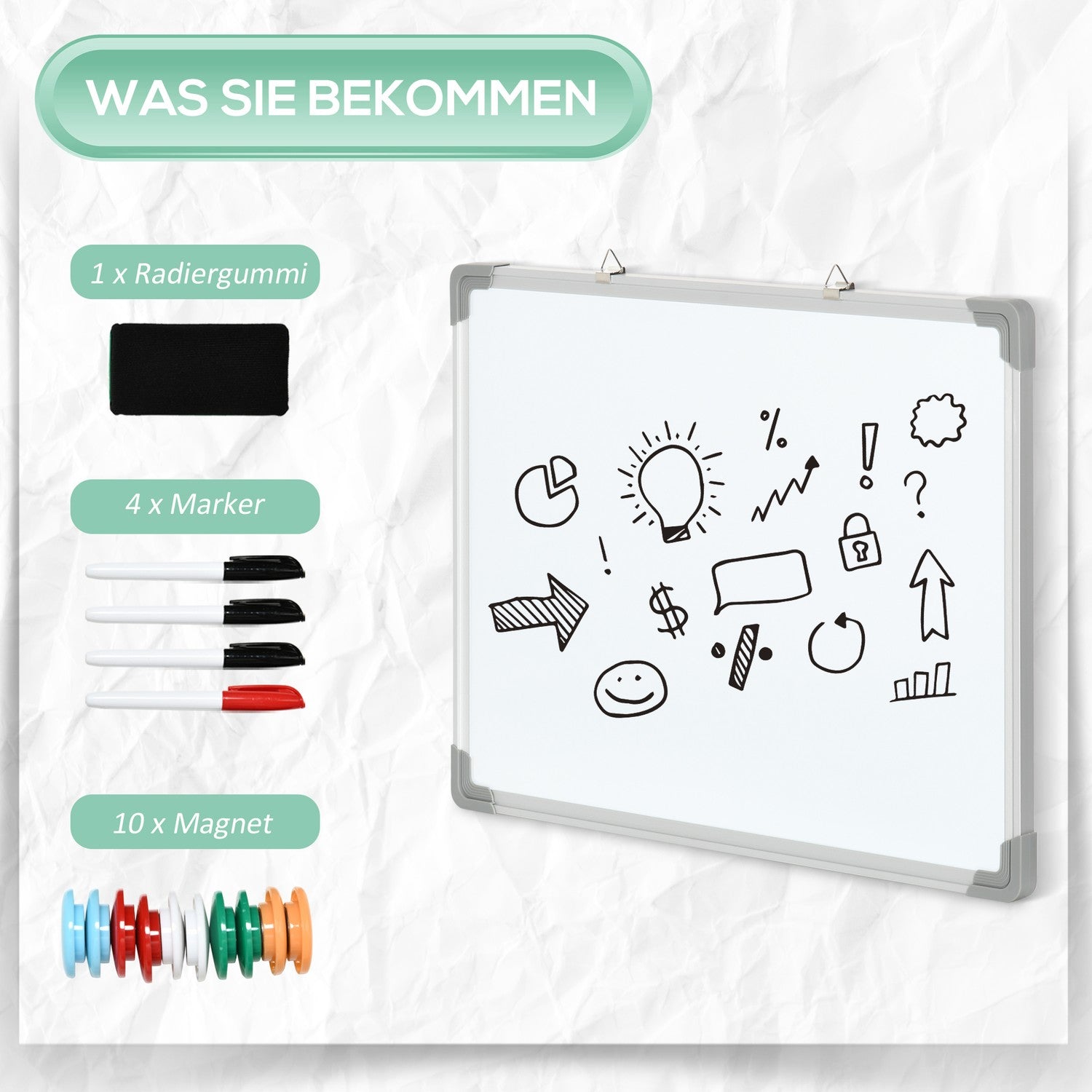 Magnetisk whiteboard staffli Set med markörer och magneter, 60x45cm