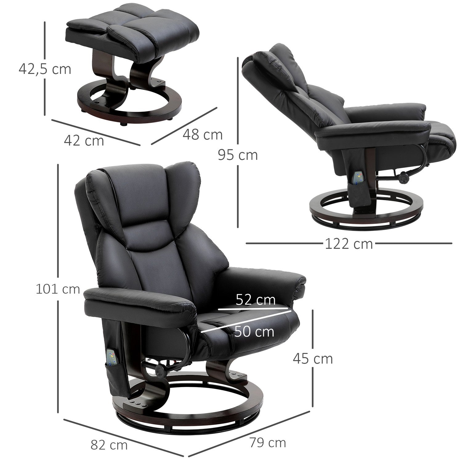 Massagefåtölj med fotpall, svart konstläder