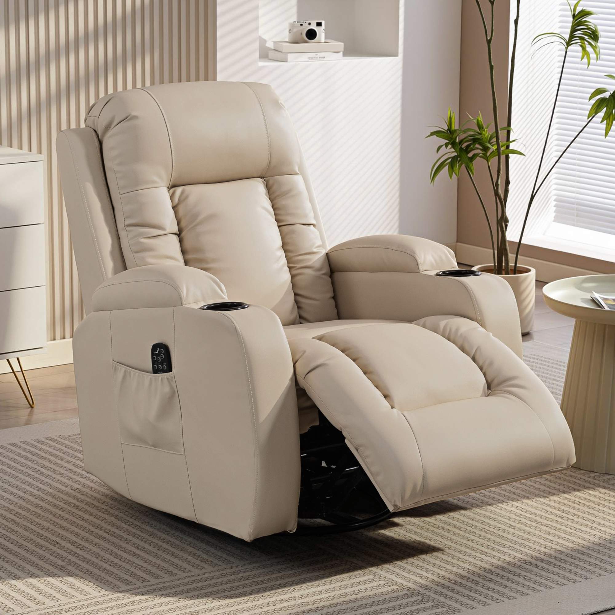 Massagefåtölj med lutning, gungfunktion, värme, 3 lägen, krämvit