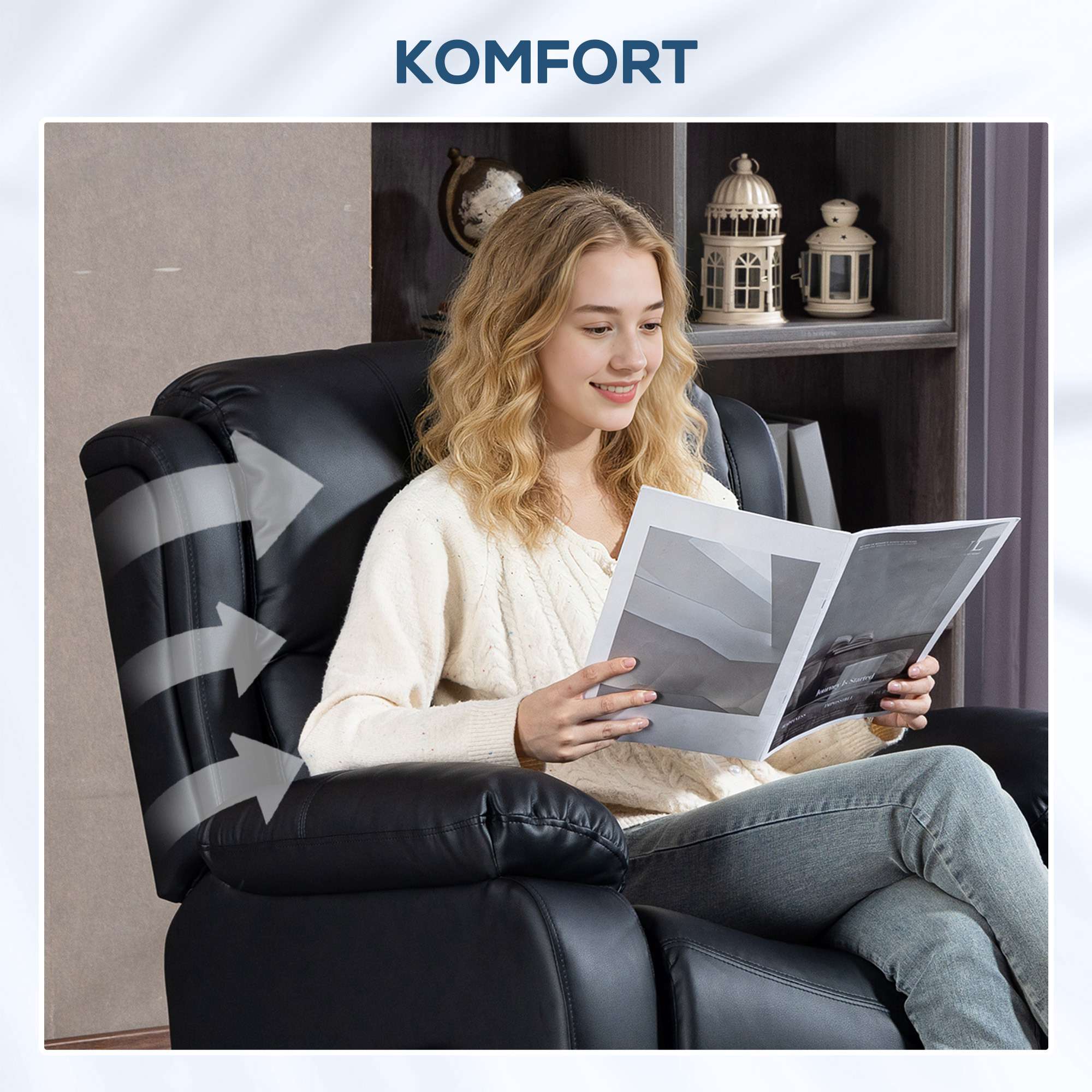Massagefåtölj med värme, lutning, konstläder, svart