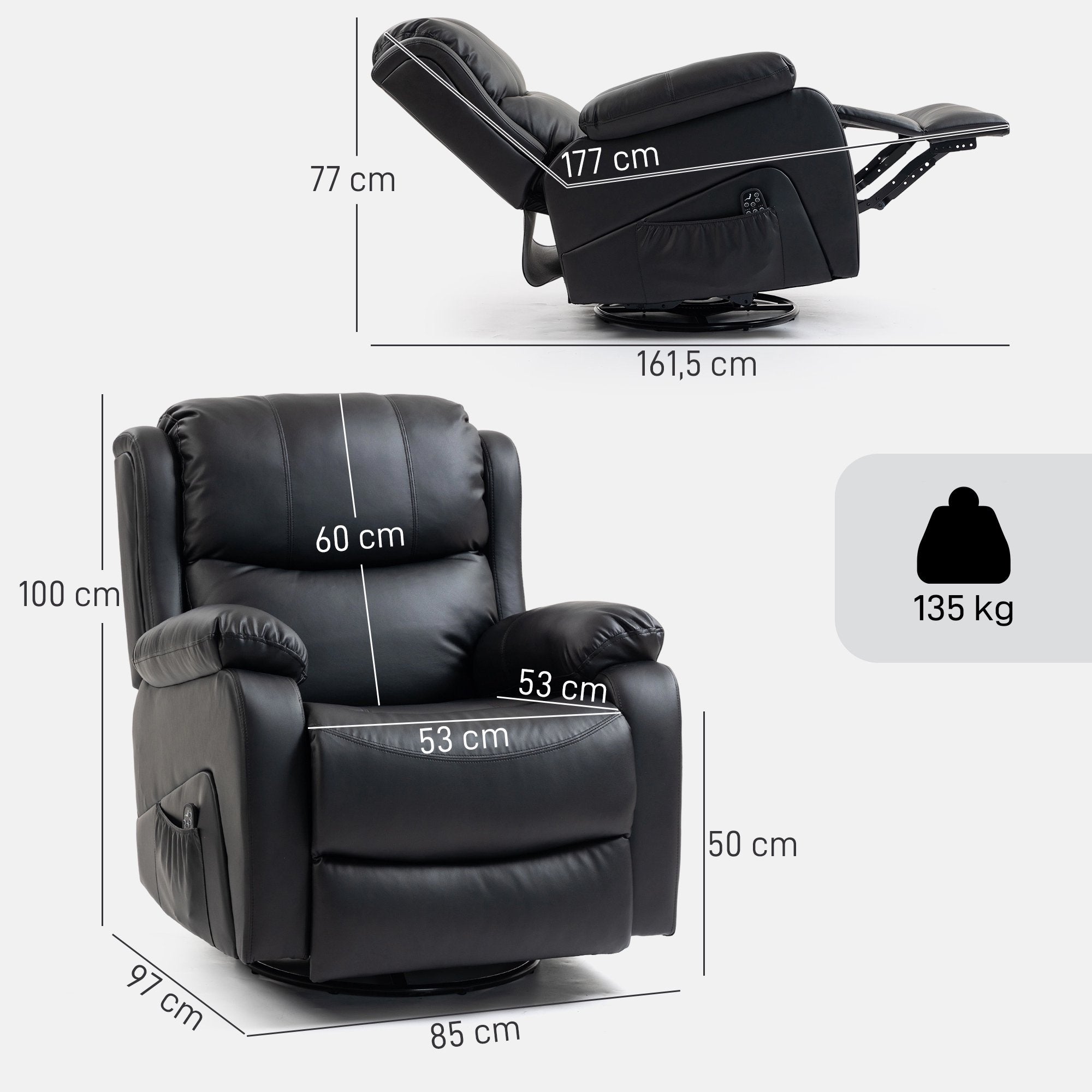 Massagefåtölj med värme, lutning, konstläder, svart