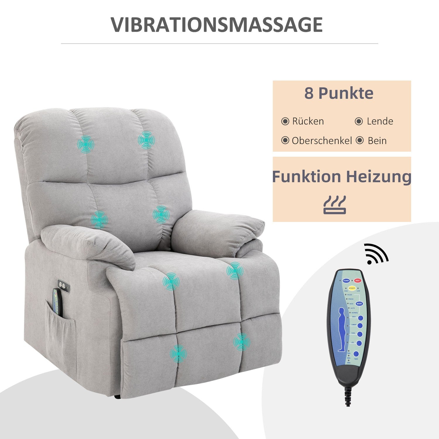 Massagestol med värme, USB-fjärrkontroll & ståhjälp, grå