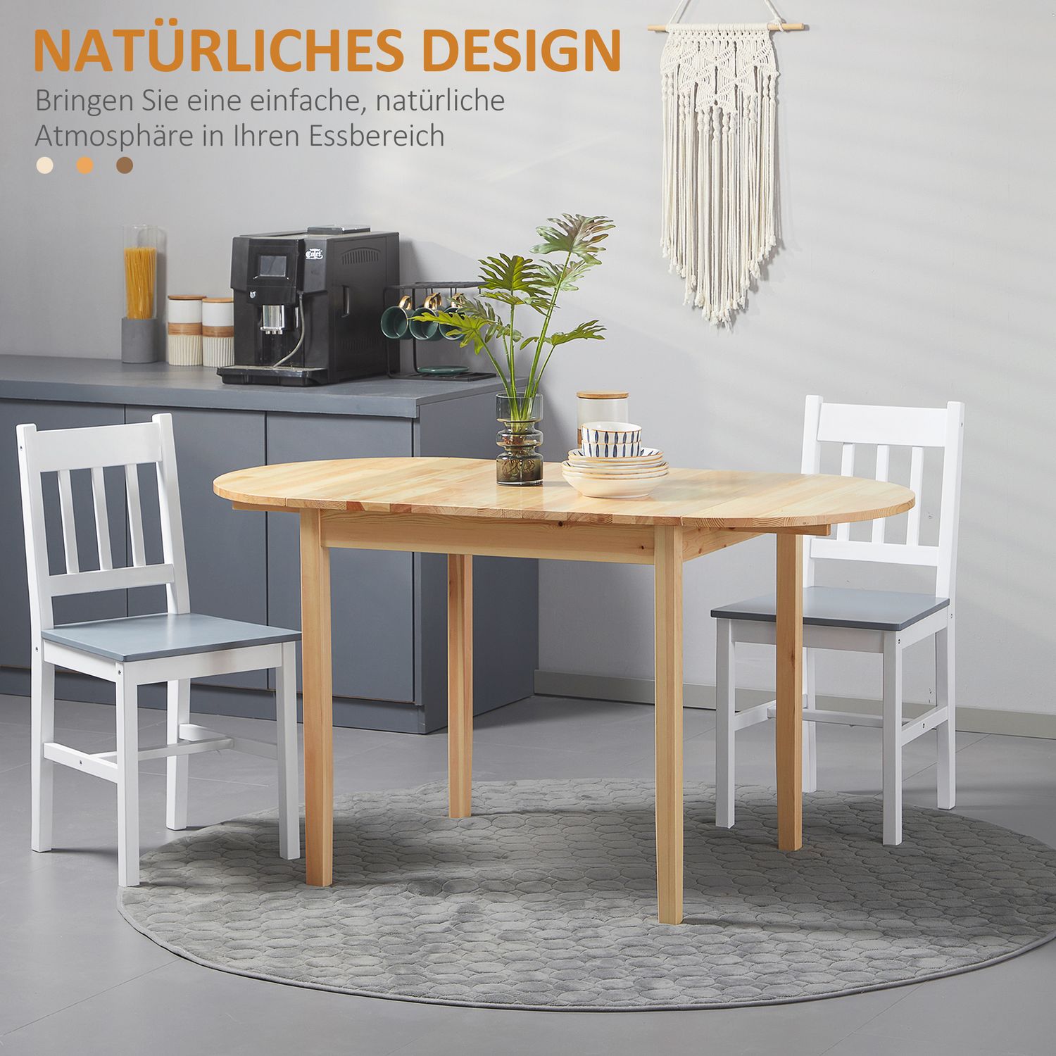 Matbord av trä, hopfällbart köksbord för 6 personer med bladdesign, 140 x 70 x 75 cm, naturligt trä