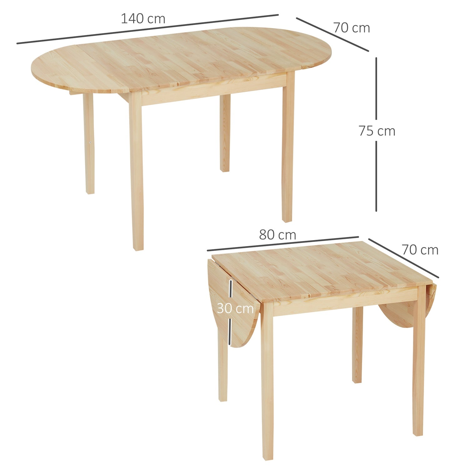Matbord av trä, hopfällbart köksbord för 6 personer med bladdesign, 140 x 70 x 75 cm, naturligt trä
