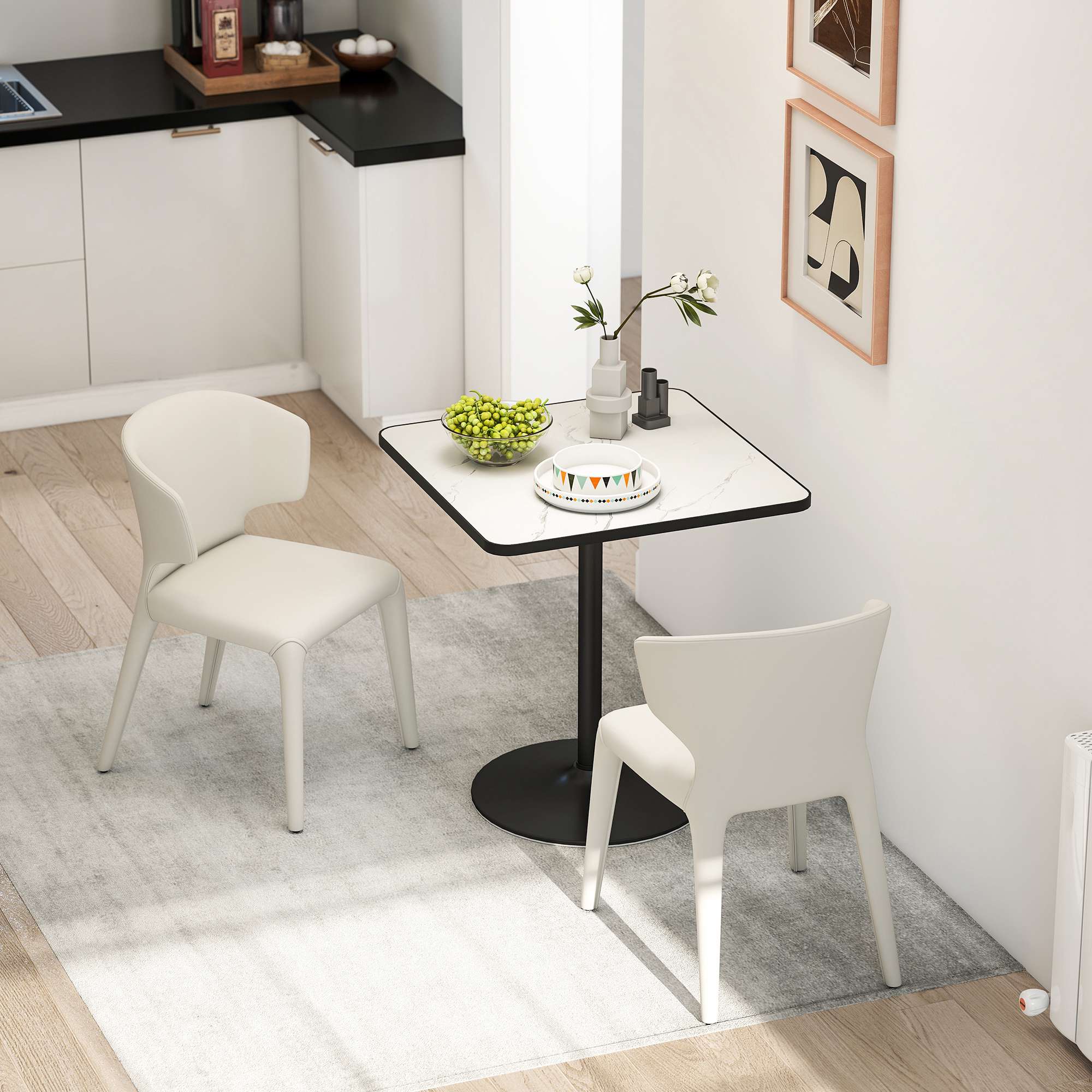 Matbord för 4, vit marmorskiva, metallbas