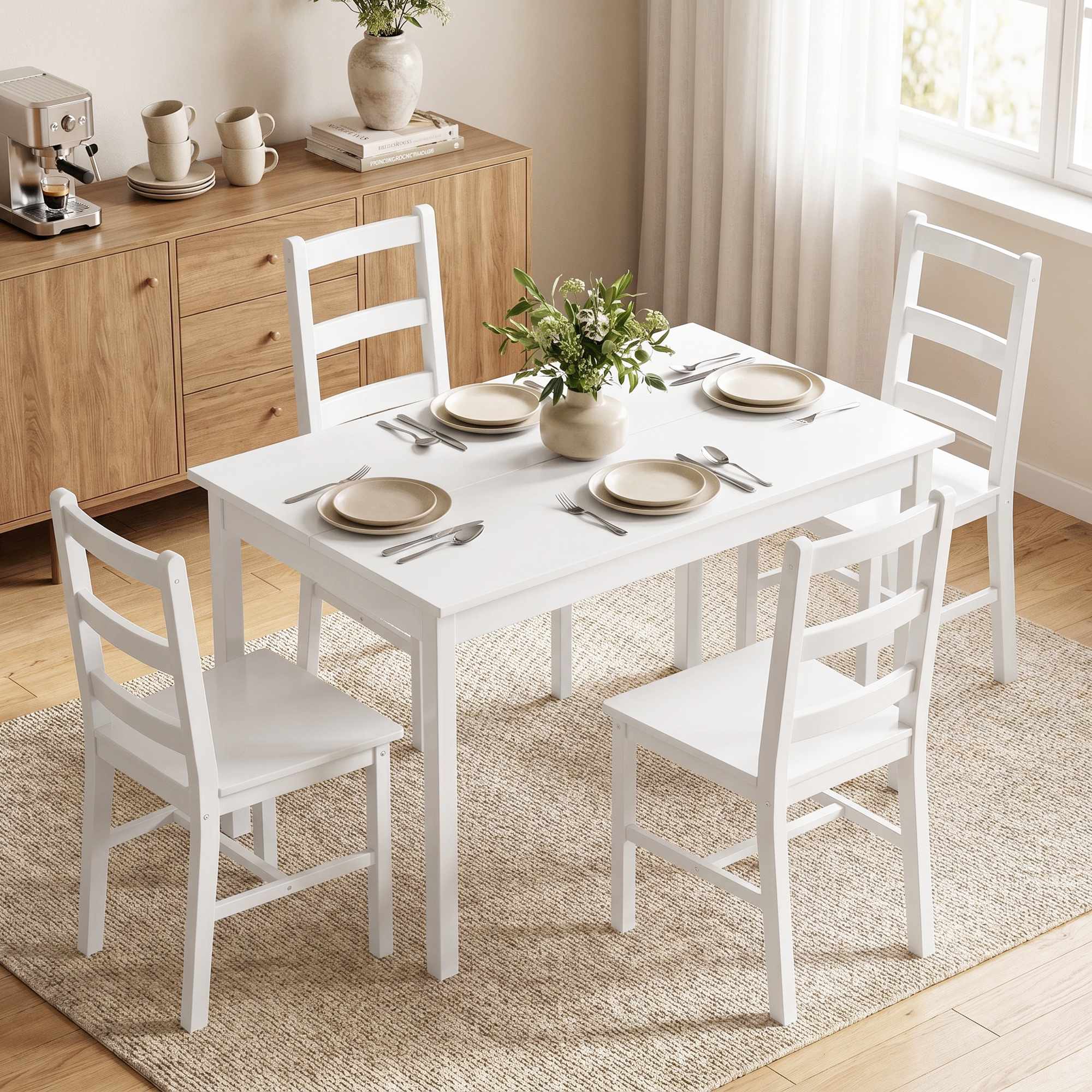 Matbordsset, 5 delar massiv furu, vit, plats för 4