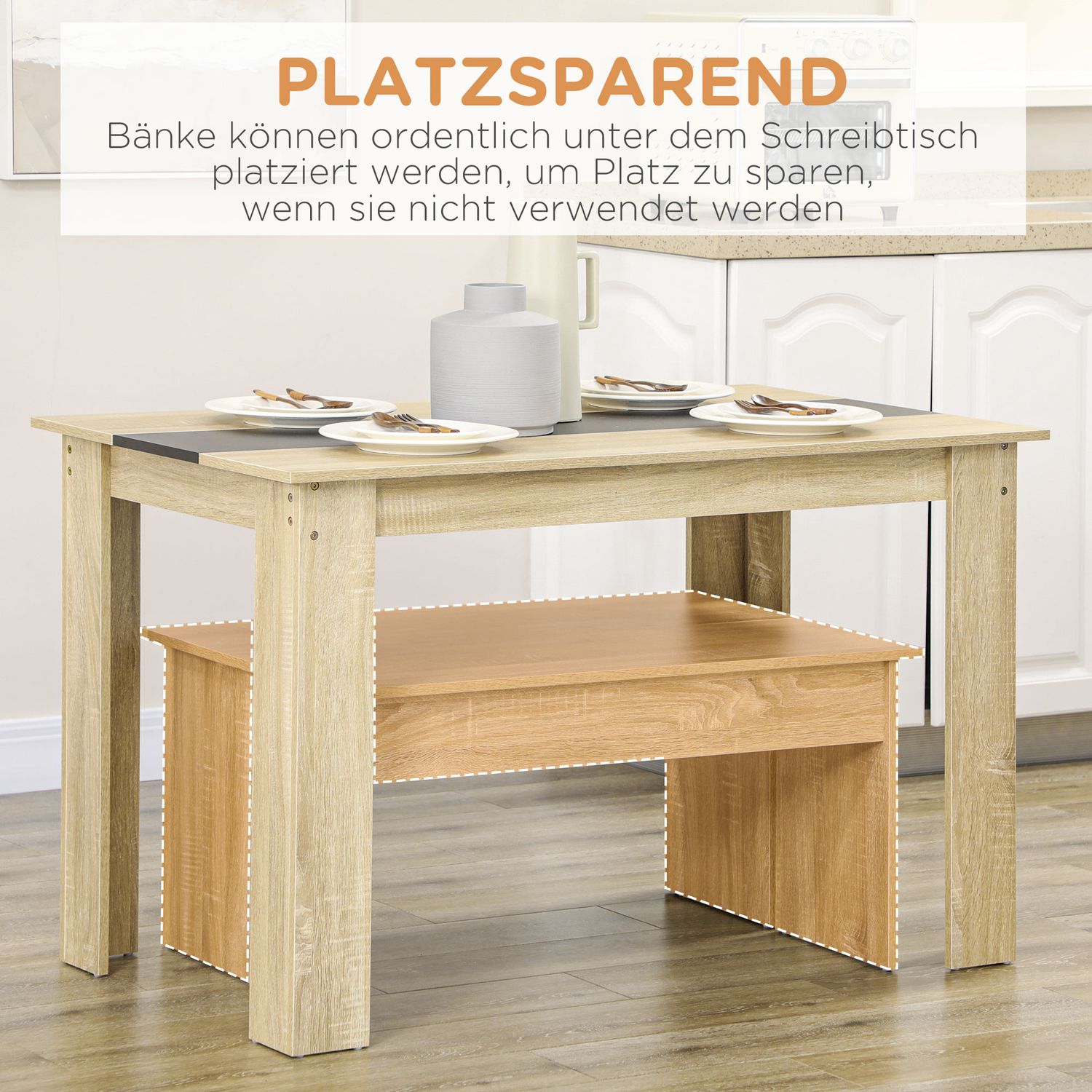 Matbordsset med 2 bänkar, platsbesparande ek & svart