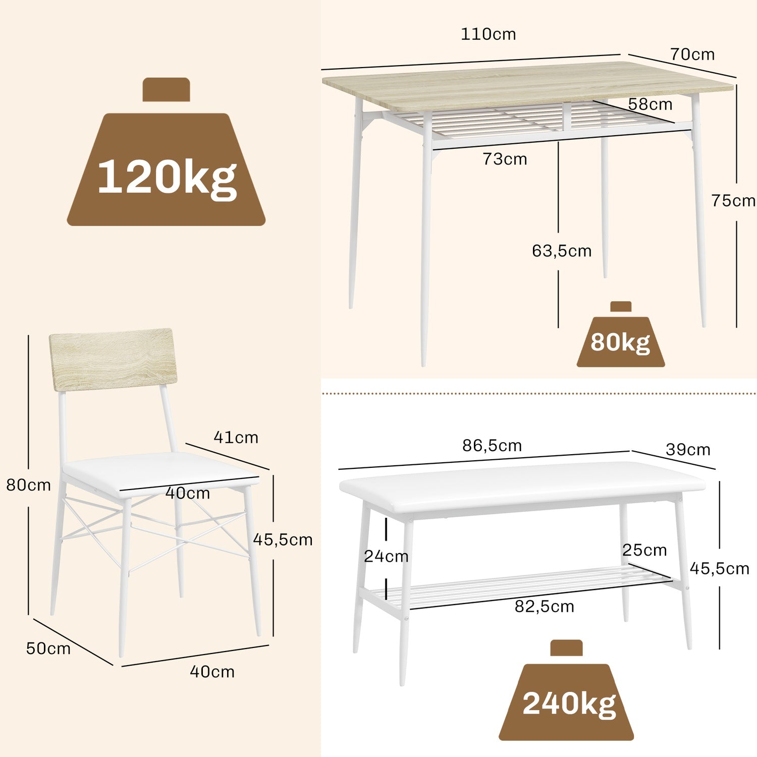 Matbordsset med bänk och stolar, ekfinish