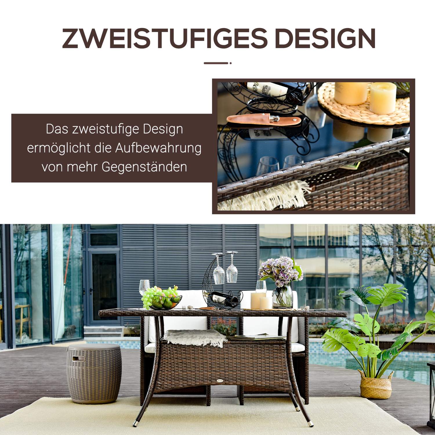 Matbord utomhus – Glas & Polyrattan, Brun & Svart, 150x85cm