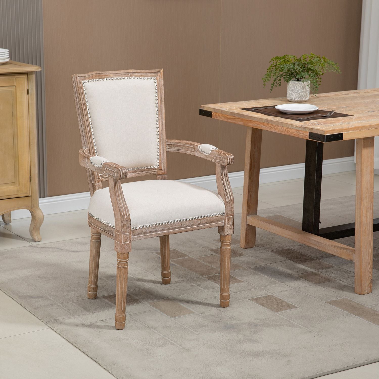 Matsalsfåtölj med linneklädsel, vintagedesign