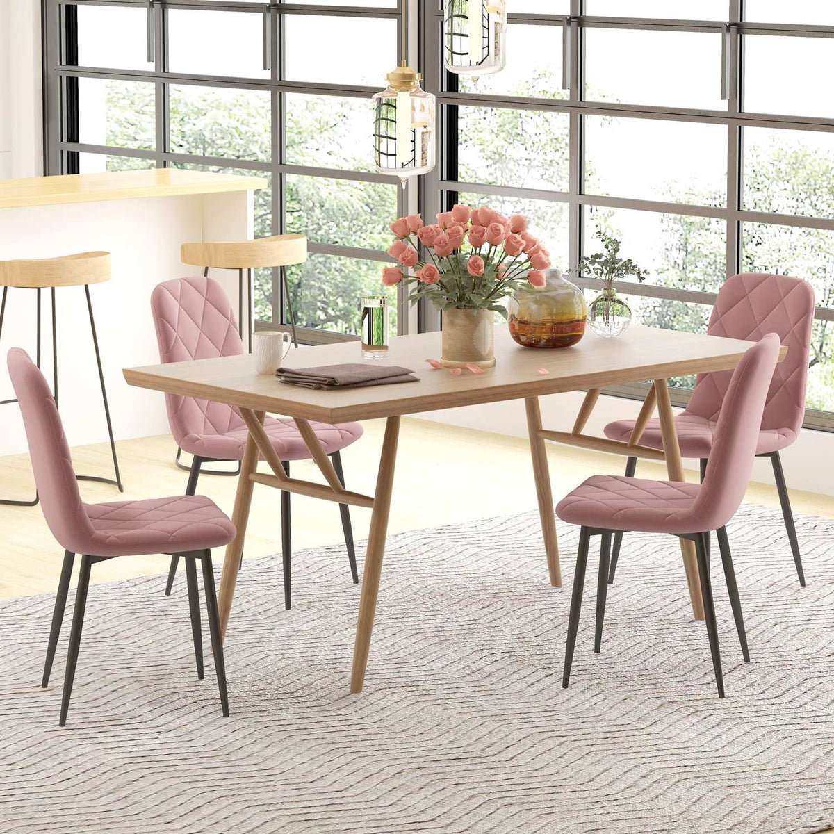 Matsalsstolar set om 4 köksstolar med ryggstöd, sammetslook, fåtölj 45 x 54 x 87 cm rosa