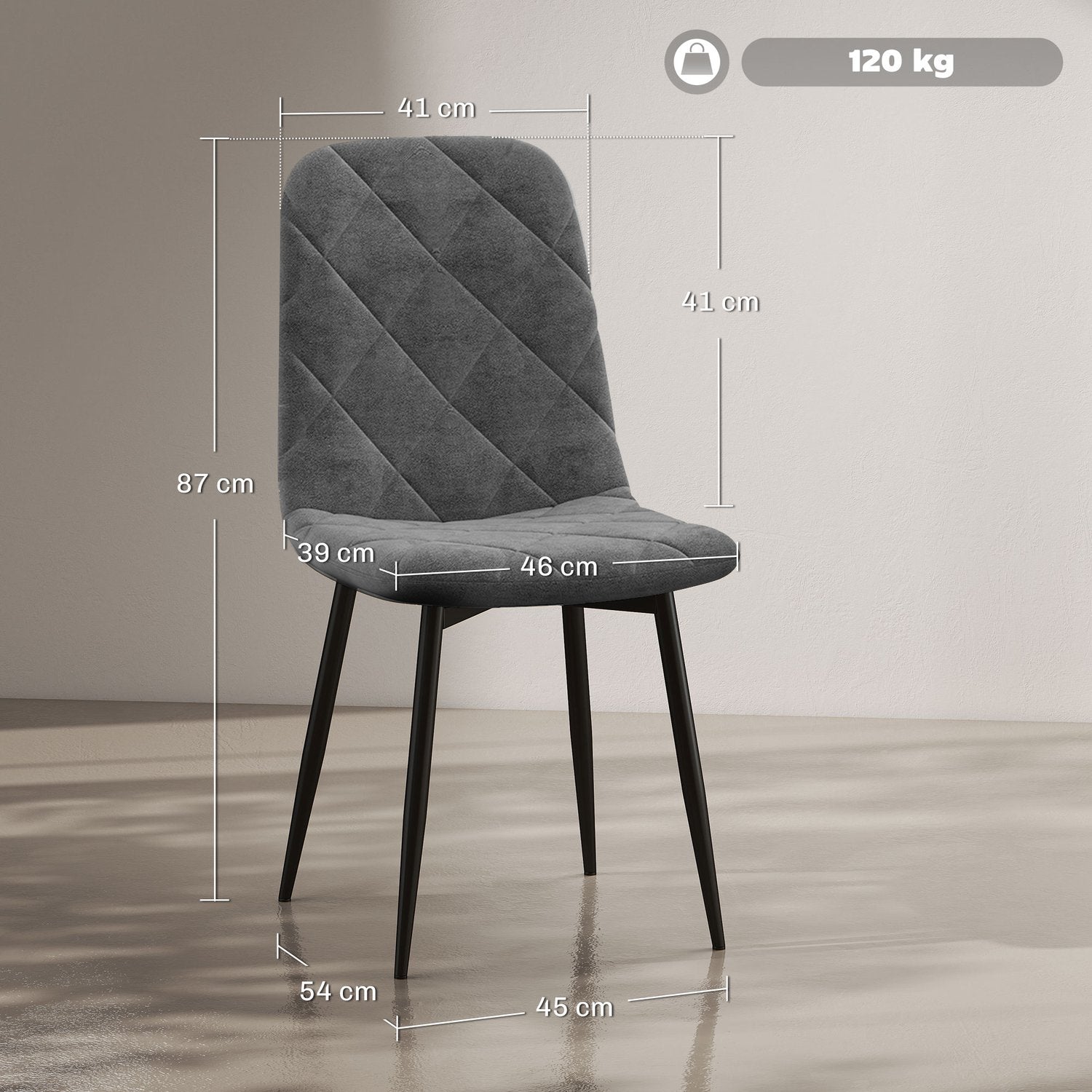 Matsalsstolar, set om 4 köksstolar med ryggstöd, sammetslook, stoppade stolar med metallben, för matbord, grå