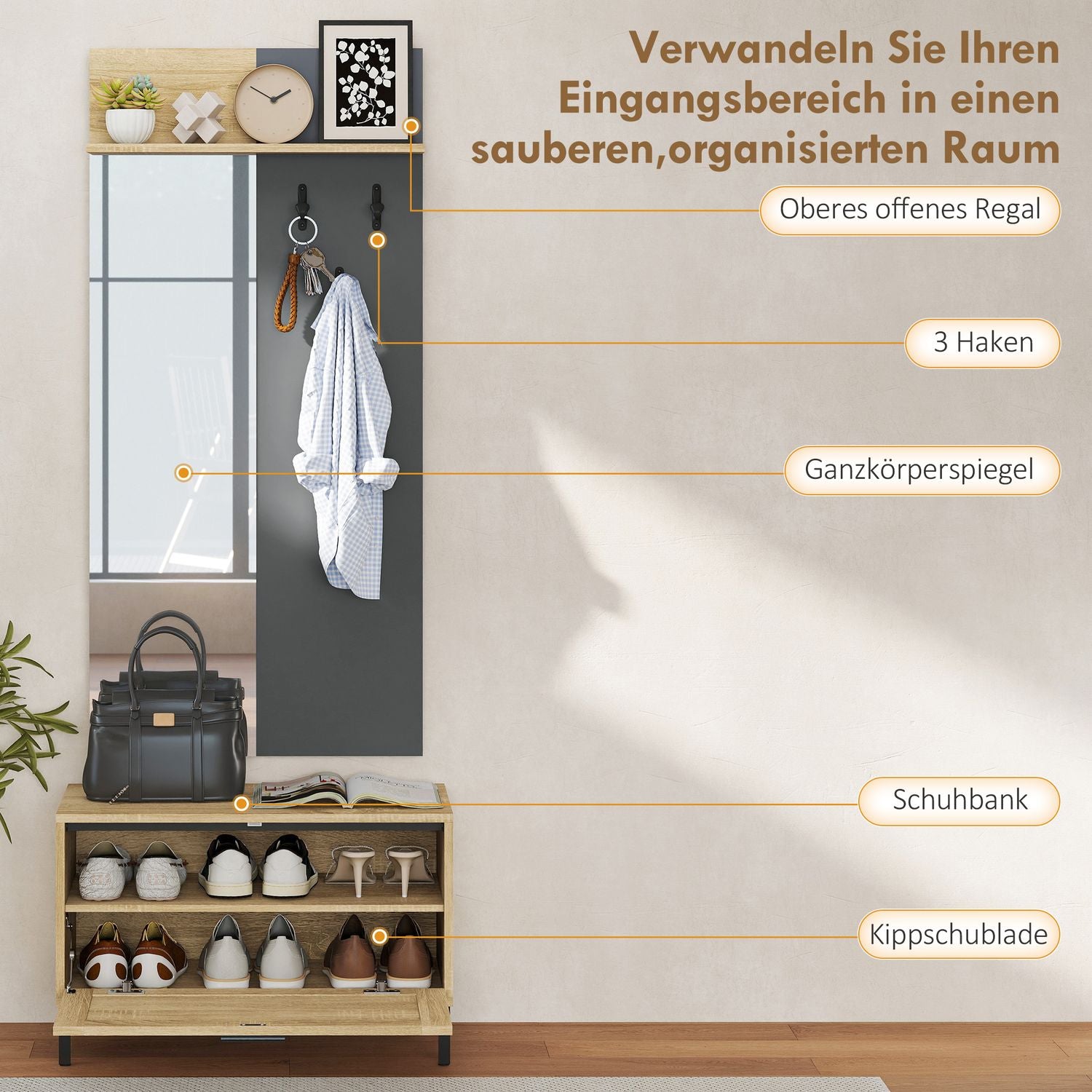 Möbelset för entrén – skobänk, spegel, krokar, hylla