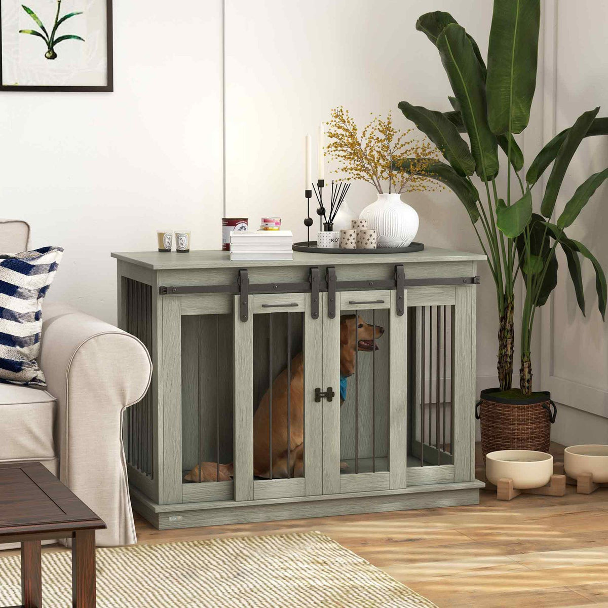 Niche pour chien moyenne - gris, double porte, option deux pièces