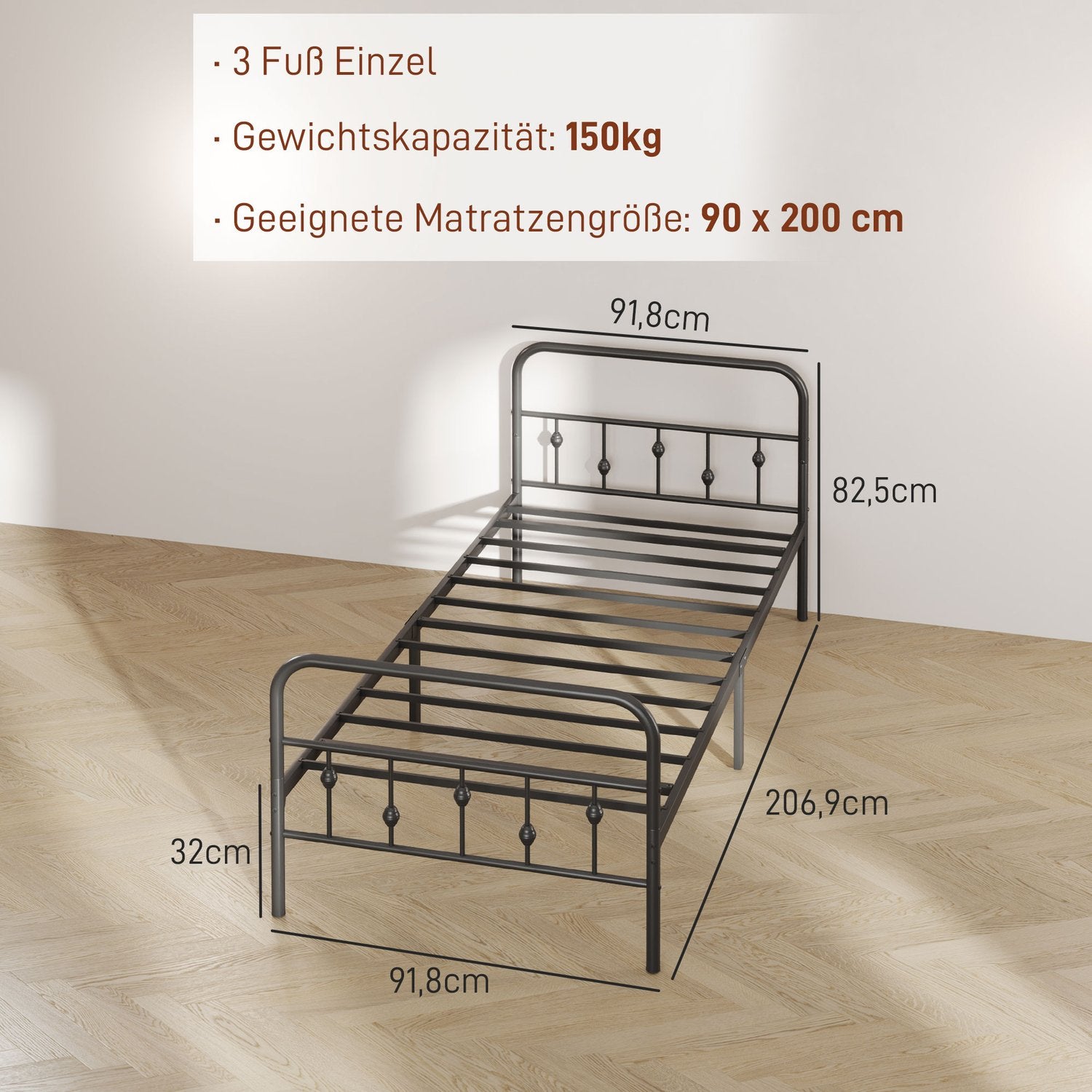 Metall ihopfällbar sängram, 200x90 cm, svart, 82,5 cm hög