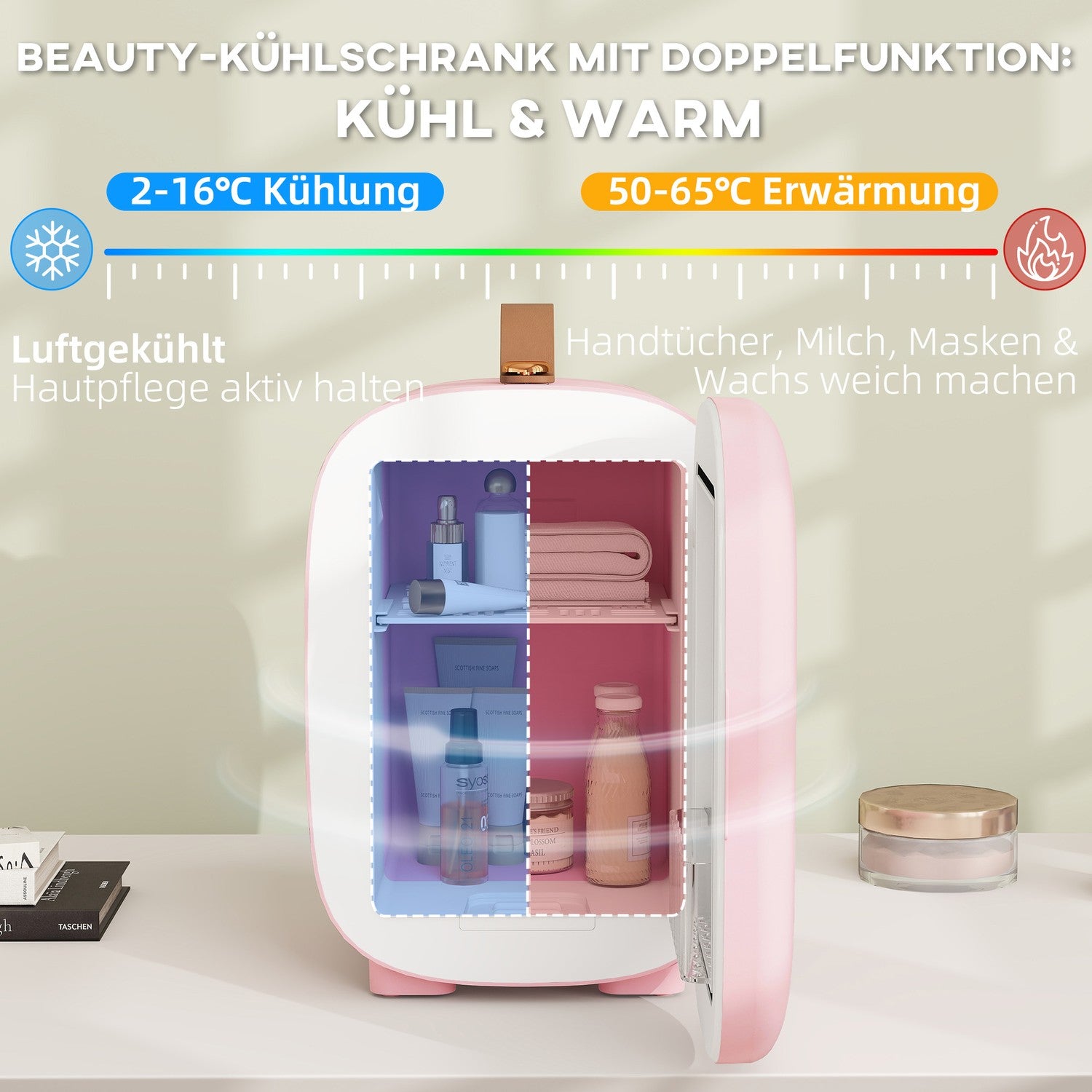 Mini Beauty Kylskåp – 4L, Rosa, Hudvård & Makeup Förvaring