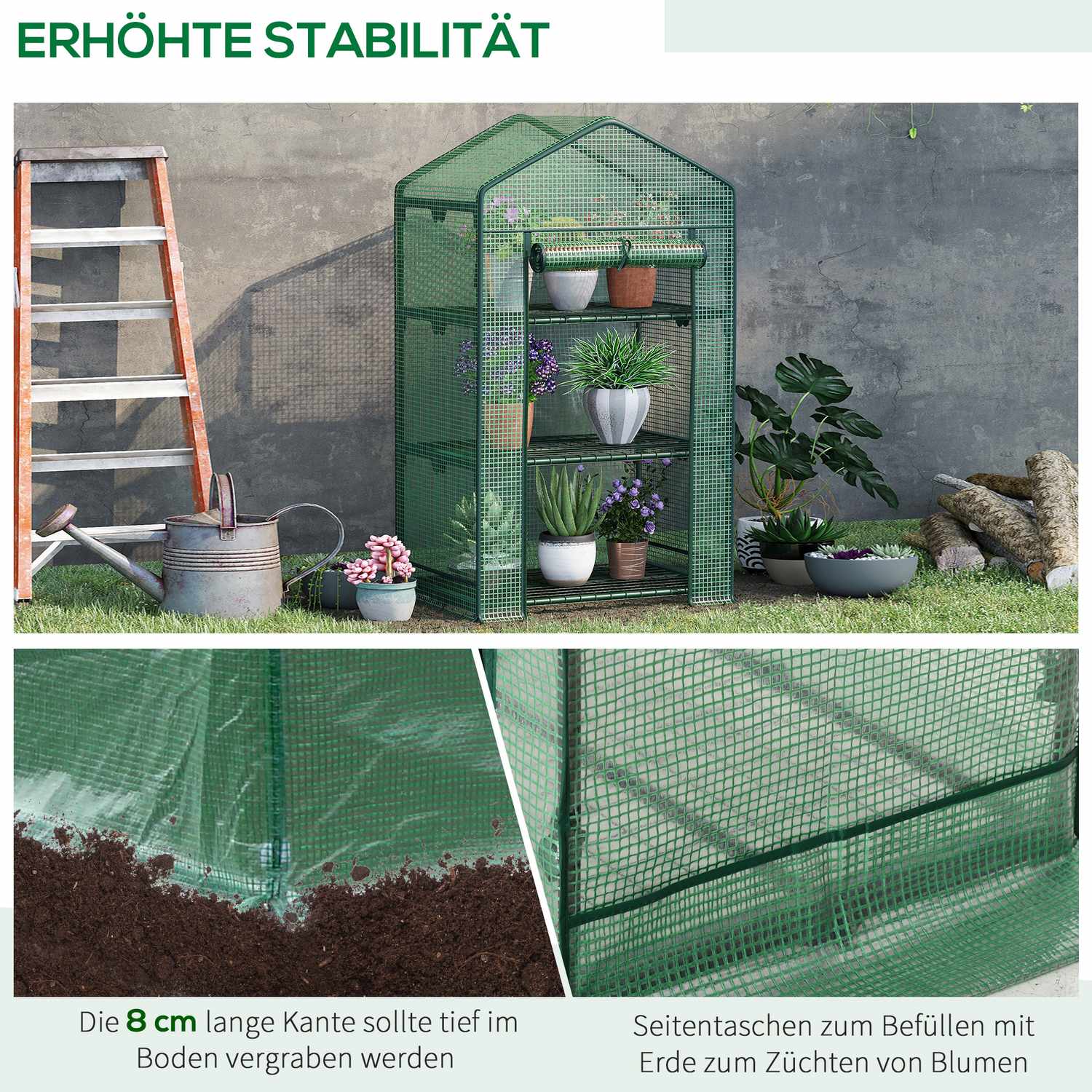 Miniväxthus med foliekåpa, 3 hyllplan, rulldörr