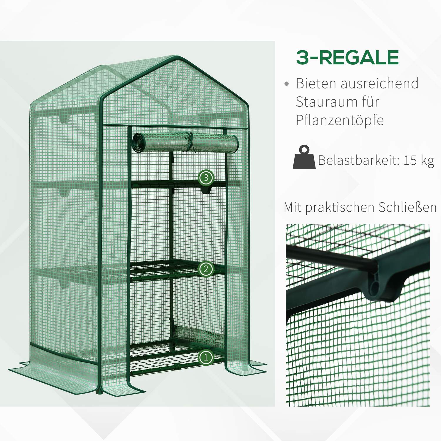 Miniväxthus med foliekåpa, 3 hyllplan, rulldörr