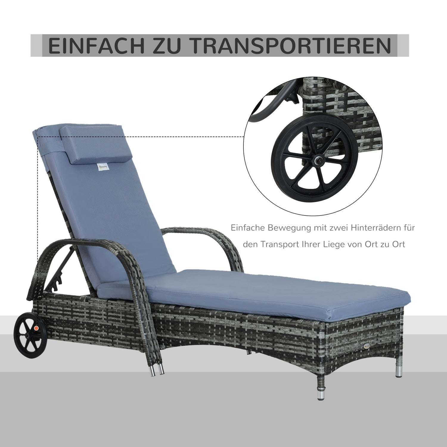 Mobil grå trädgårdsstol med kudde, polyrattan & metall