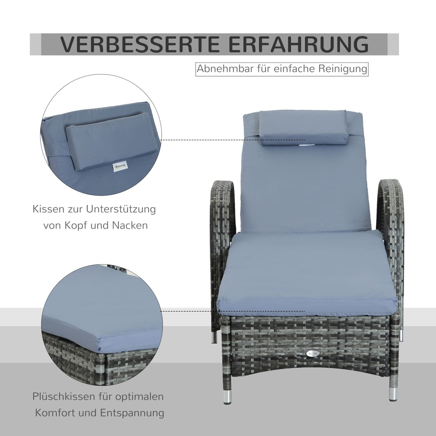 Mobil grå trädgårdsstol med kudde, polyrattan & metall