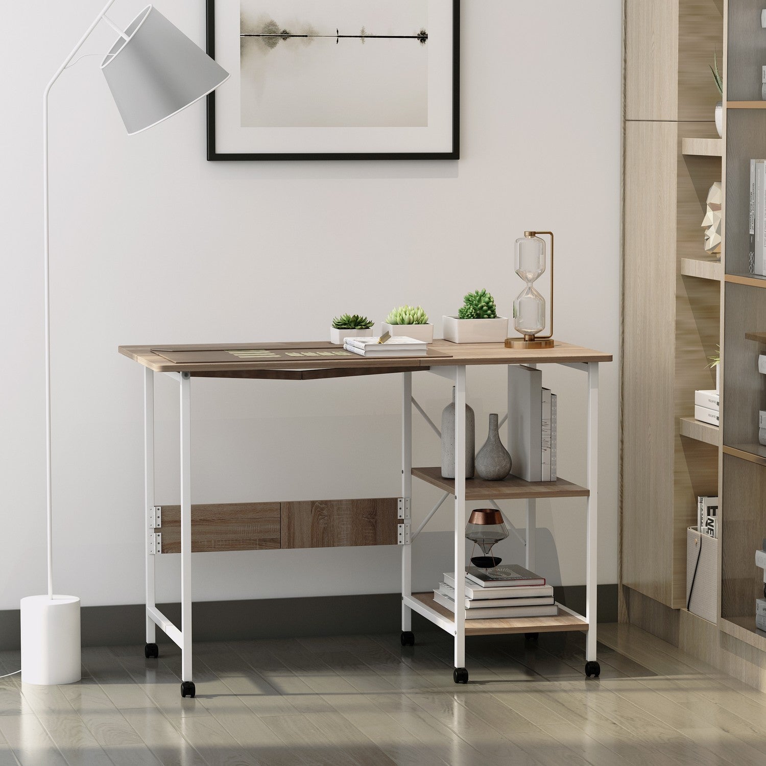Mobilt hopfällbart skrivbord med hjul, MDF, naturlig finish