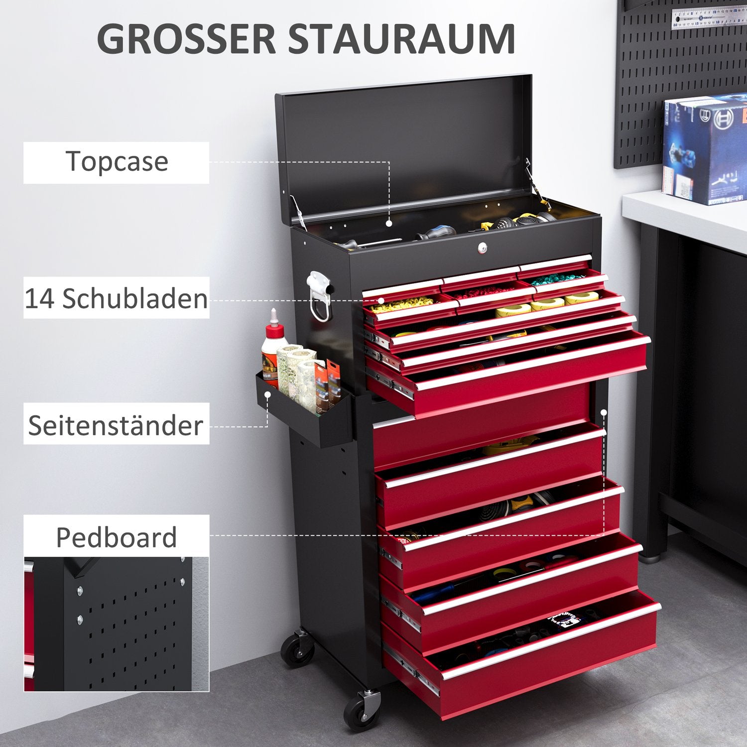 Mobil verkstadsvagn, Låsbar, 14 lådor, Röd