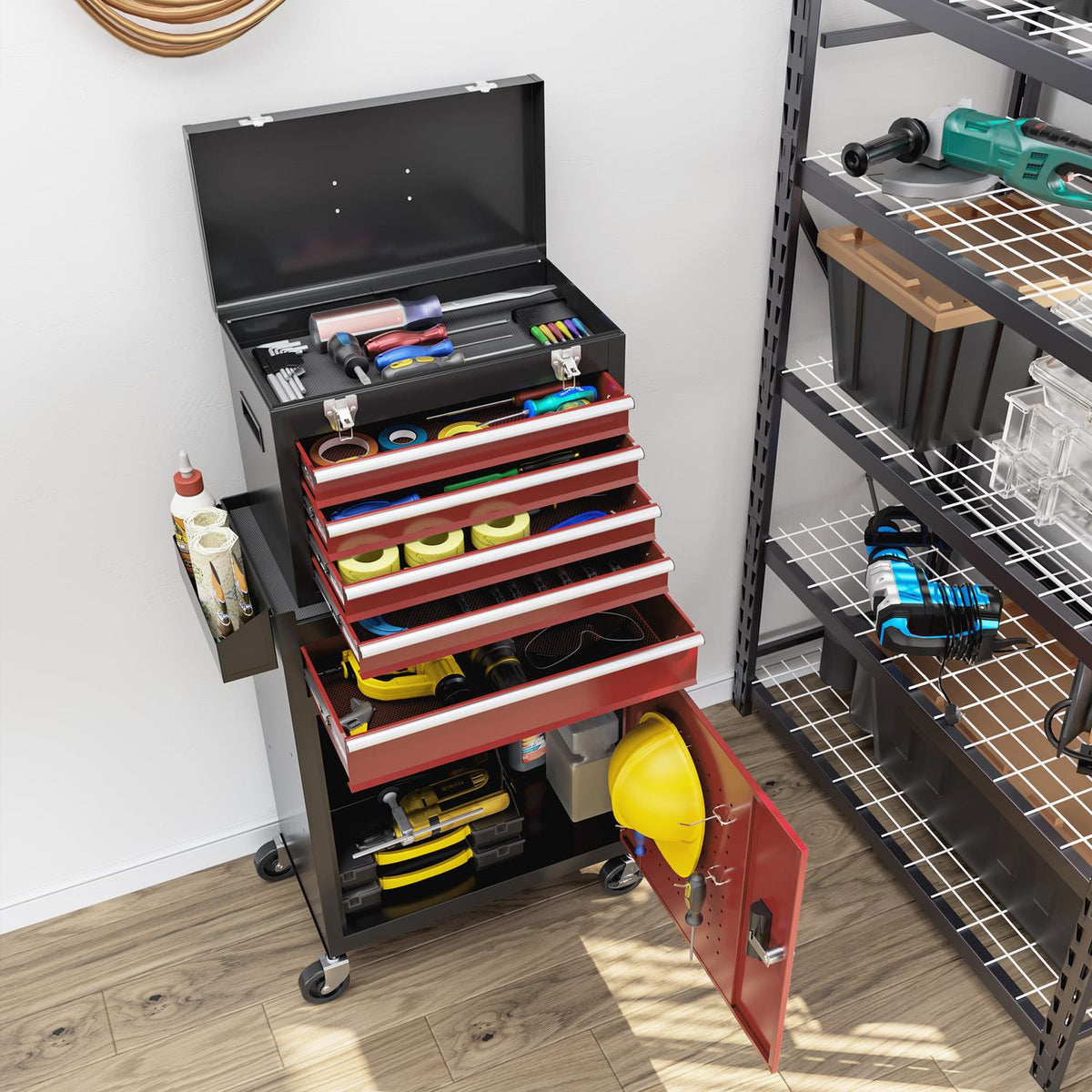 Servante d'atelier mobile en acier, 5 tiroirs, verrouillable, charge 130 kg