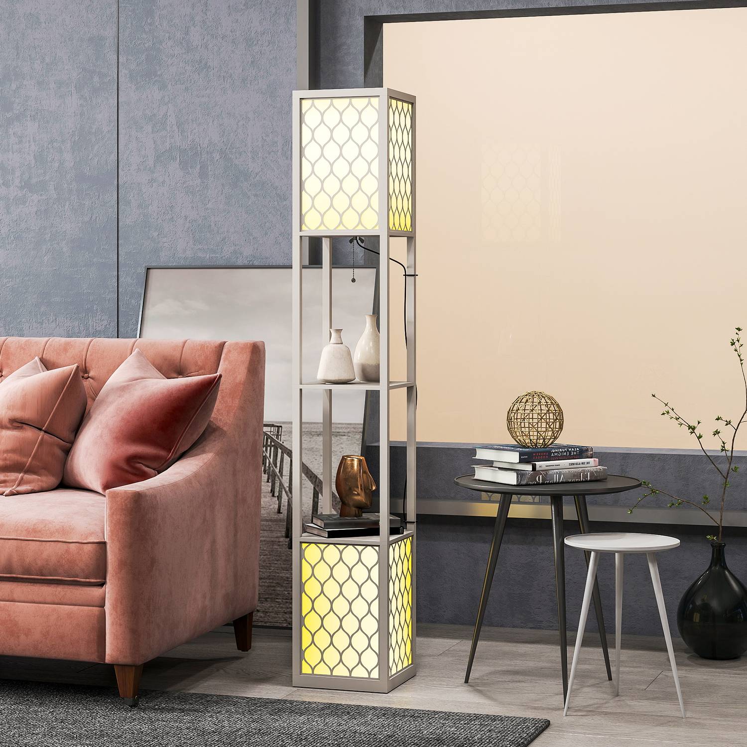 Modern golvlampa med hyllor, dragkedja, svart/vit