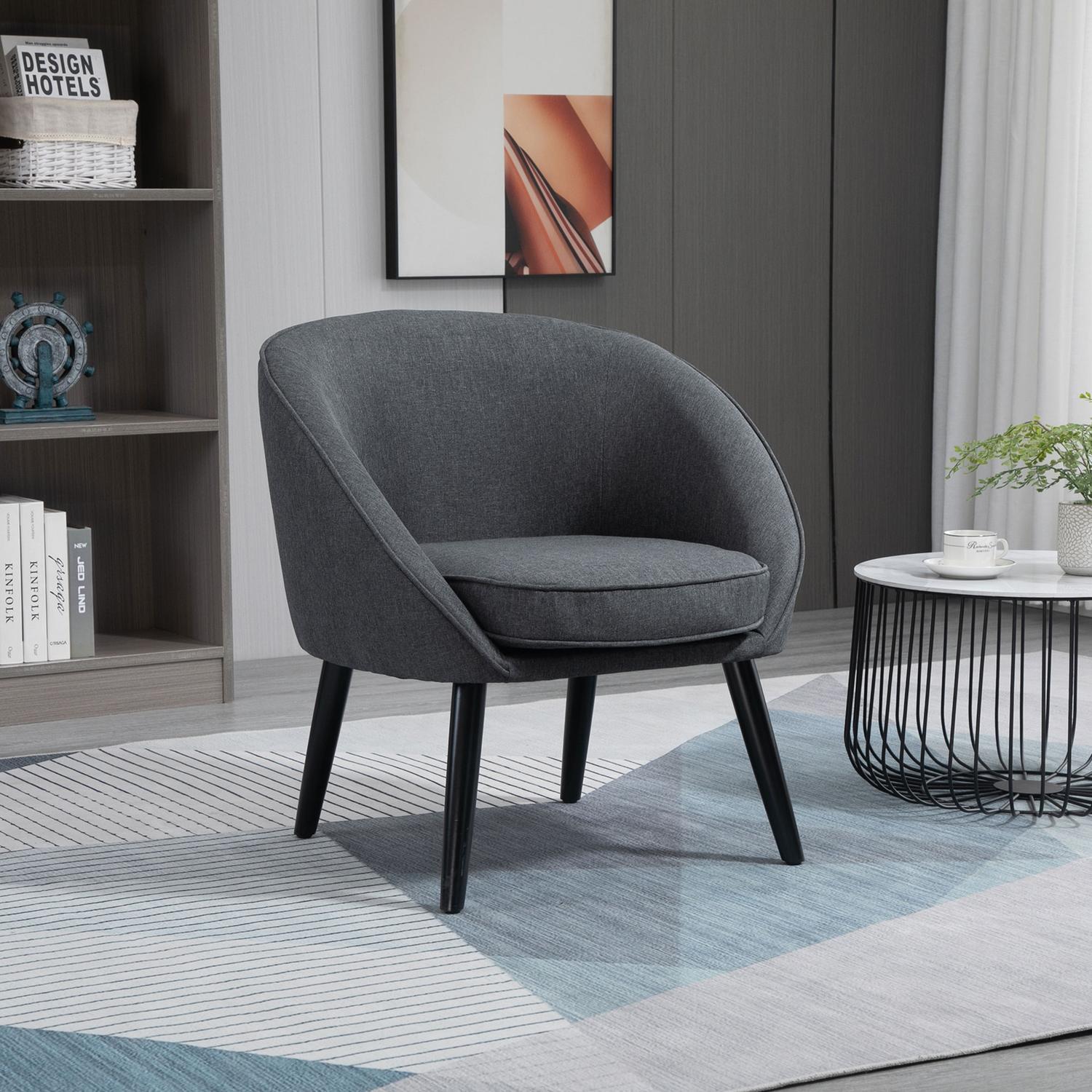 Modern grå linne-look stoppad lounge stol, trä ram