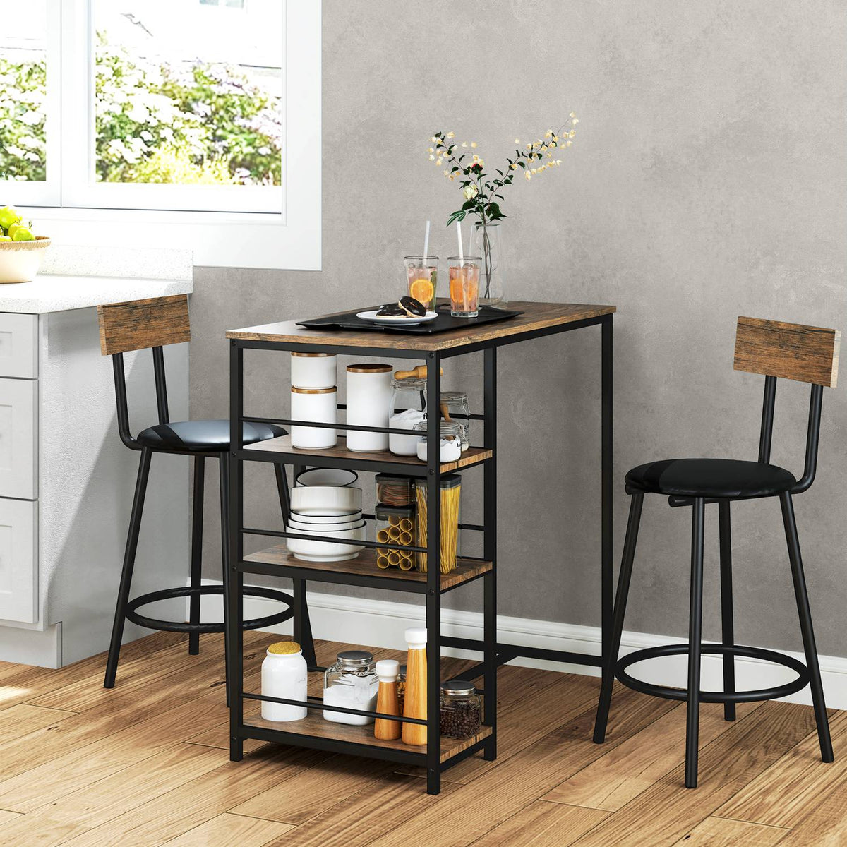 Modernes Bartisch-Set, 3 Teile mit Aufbewahrungsregalen