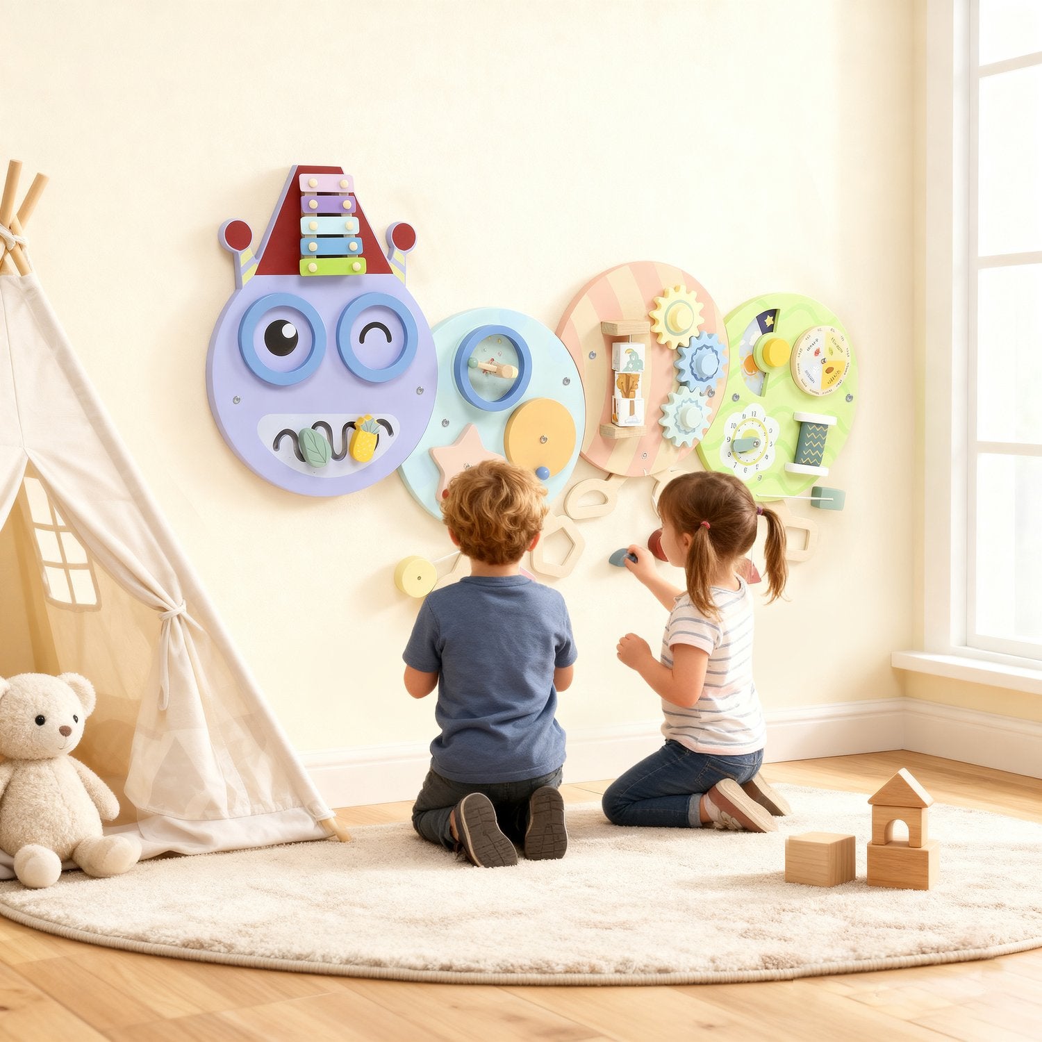Montessori Busy Board – 7-i-1 Väggleksak, Xylofon, Kugghjul, 108 cm