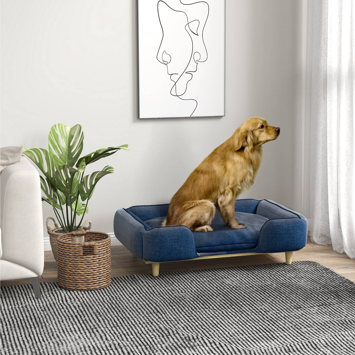 Mörkblå hundbäddsoffa med träben, 96x66x24 cm