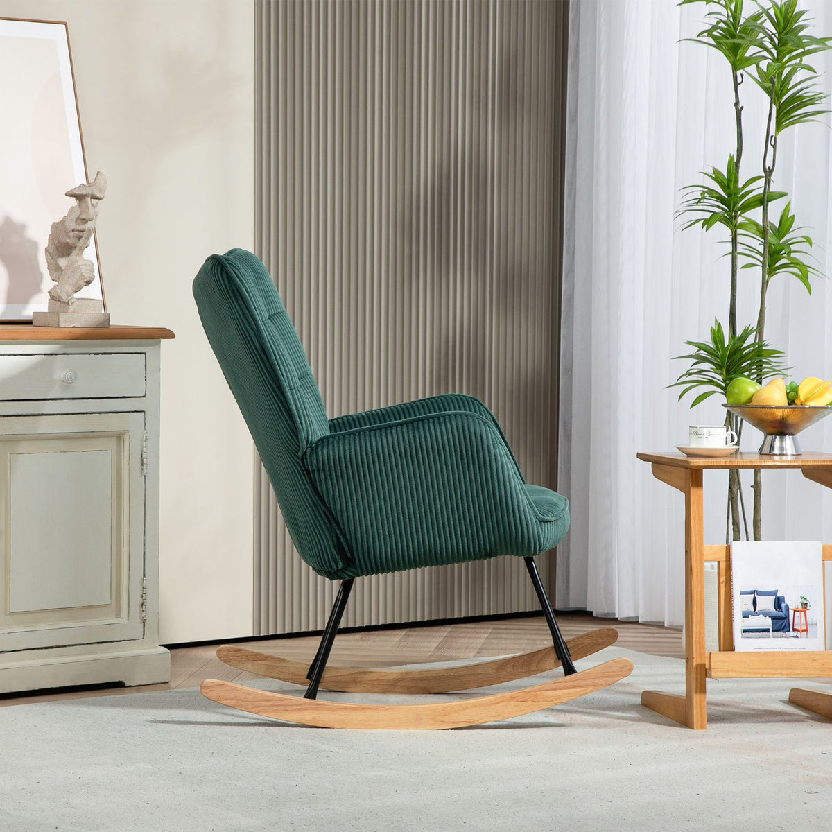 Fauteuil à bascule vert foncé – patins en bois, fauteuil de détente