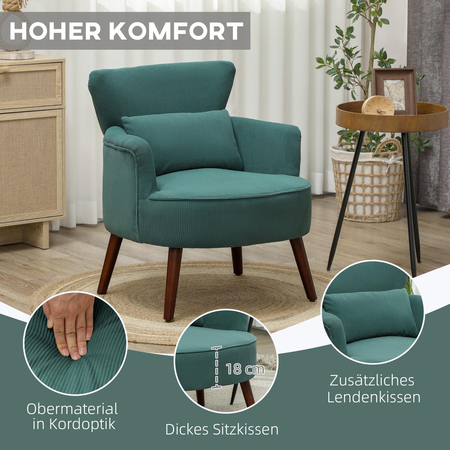 Mörkgrön stoppad fåtölj, sladdlook, träben