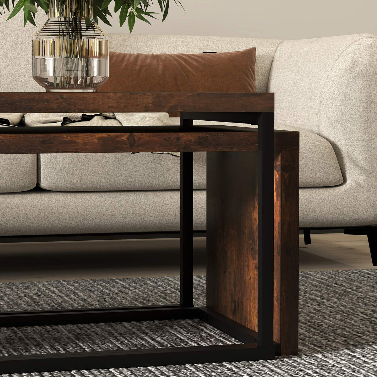 Ensemble de tables basses multifonction – piètement en métal noir et marron