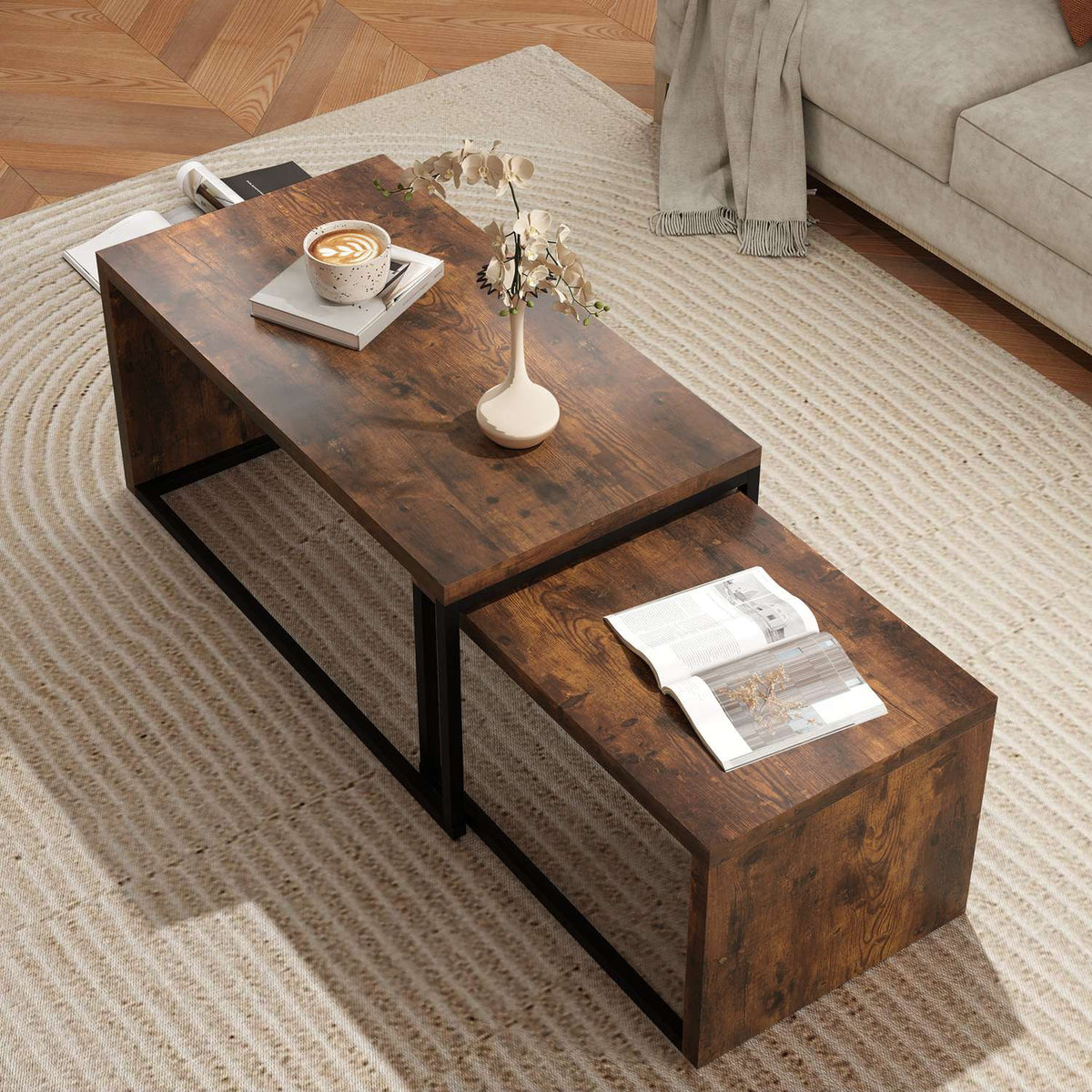 Ensemble de tables basses multifonction – piètement en métal noir et marron