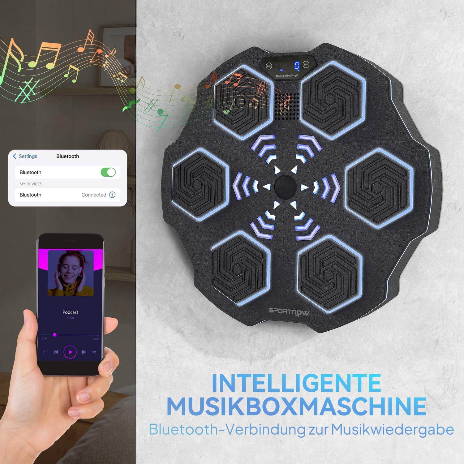 Musikdosa, Bluetooth-högtalare, väggmonterbar, 9 hastigheter och lägen, LED-lampor, svart