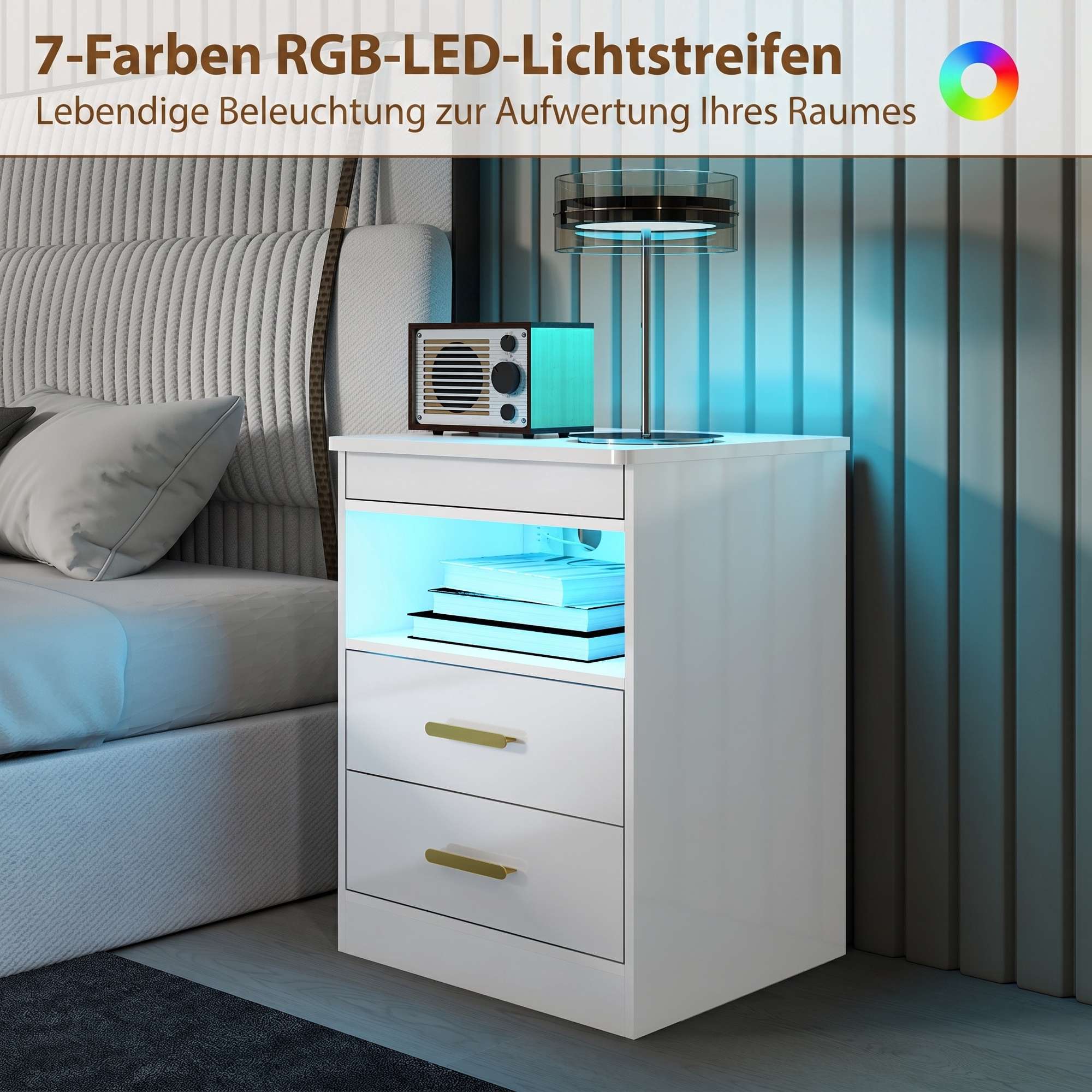 Nattduksbord med laddningsstation, RGB LED, 2 lådor, högblank vit
