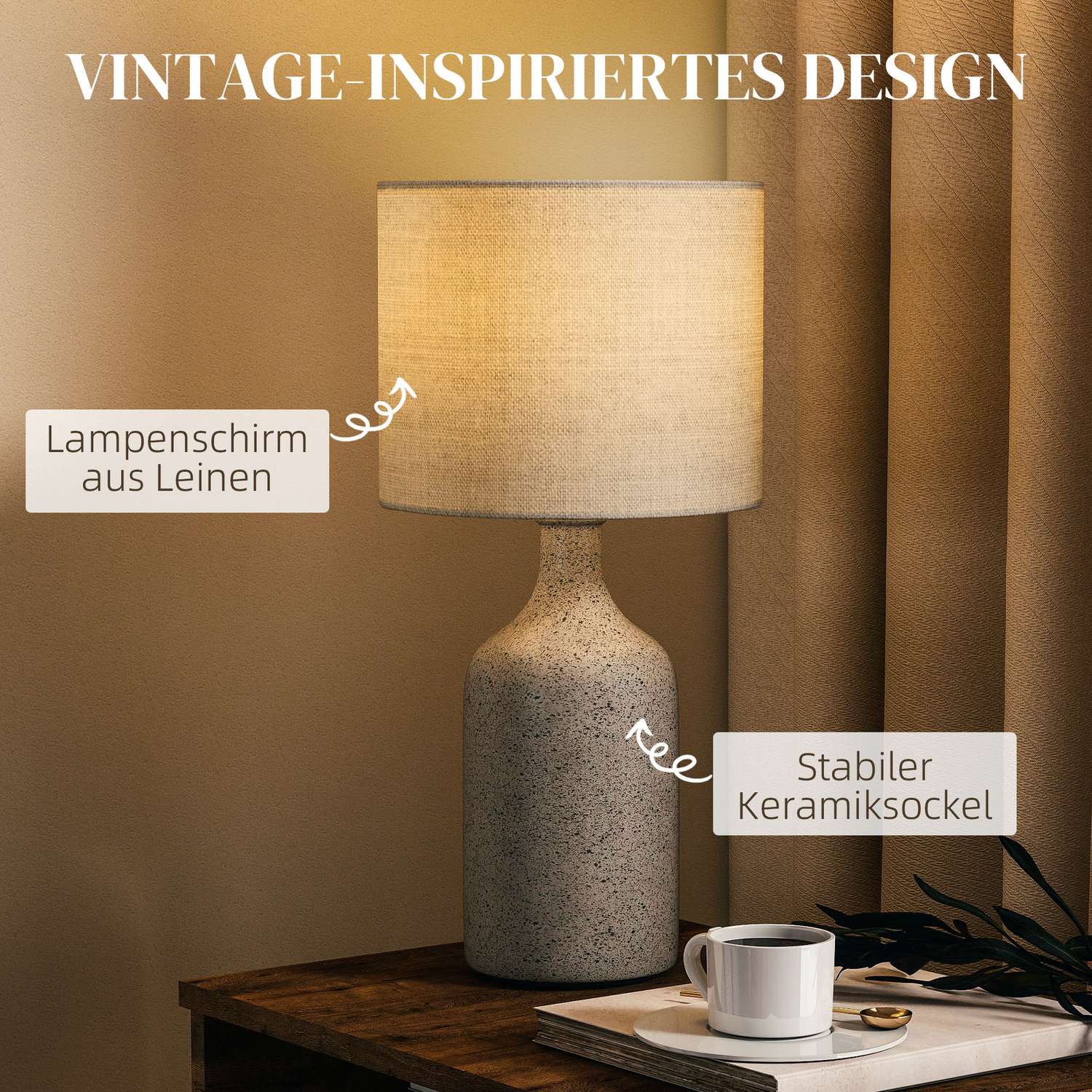 Nattduksbordslampa, keramisk fot, linneskärm, 22x45 cm