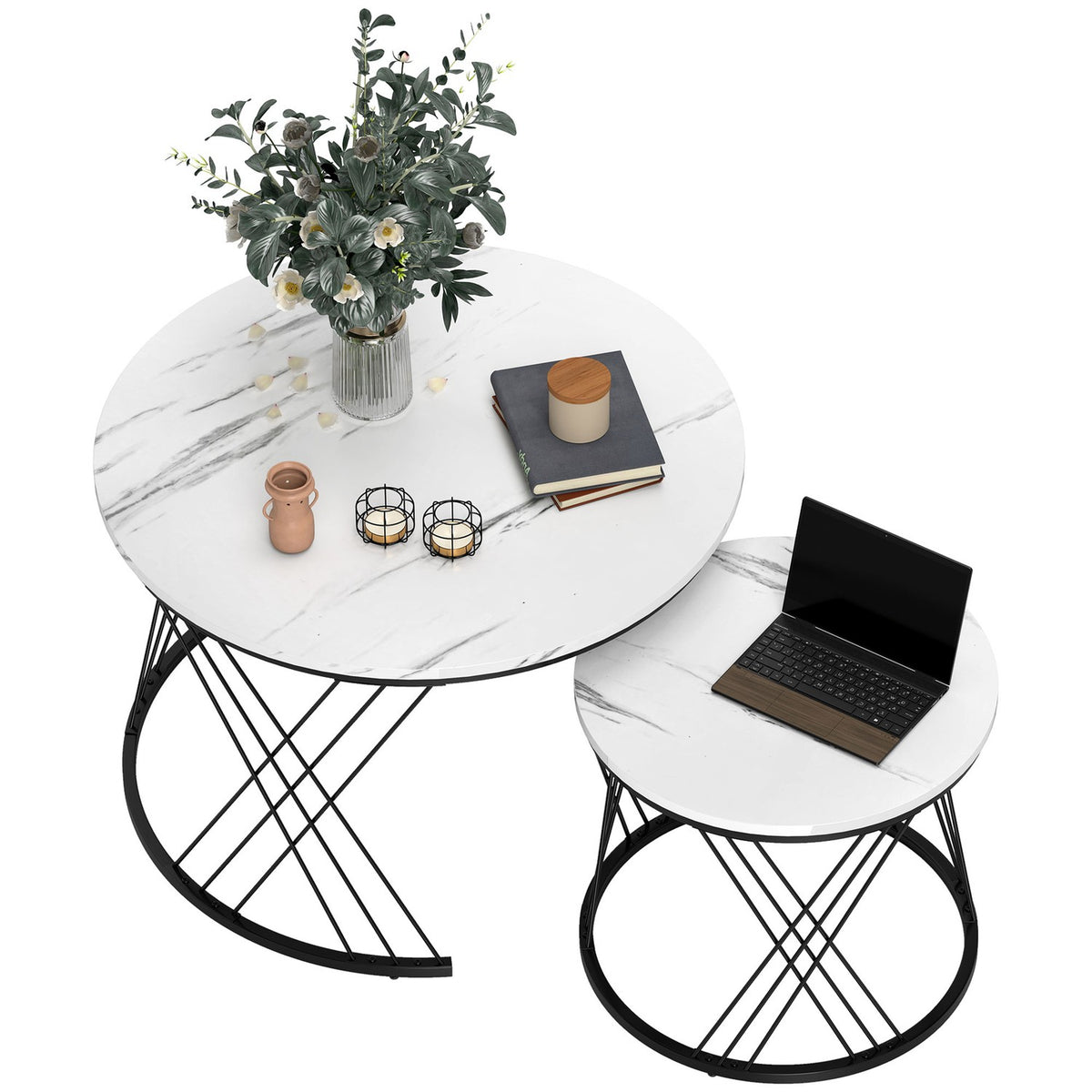 Nestable Soffbordsset, Marble Look, Vit, 2-delat