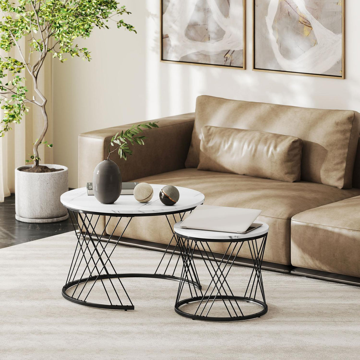 Nestable Soffbordsset, Marble Look, Vit, 2-delat