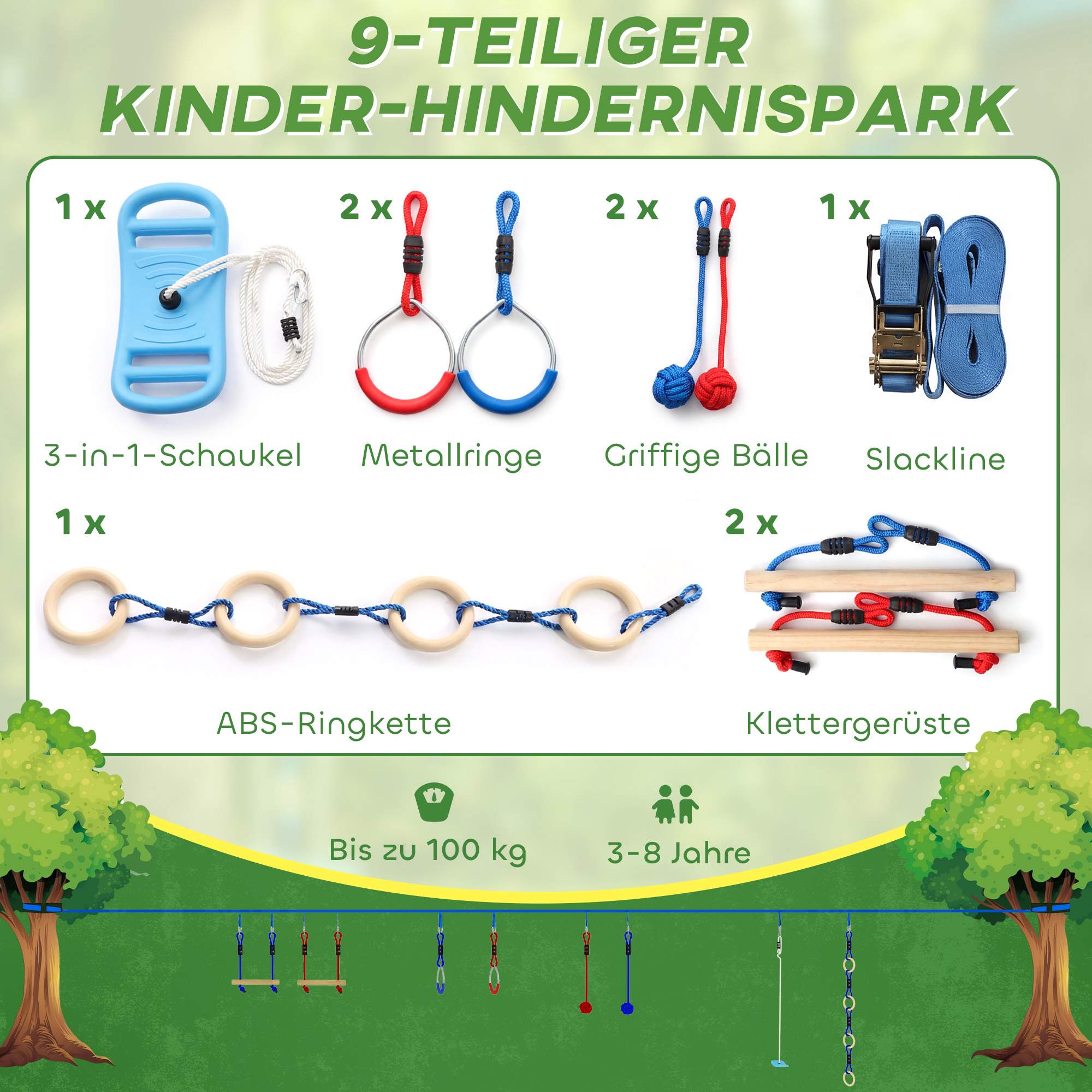 Ninja Slackline Kinder-Kletterseil-Set, 3-i-1 Schaukel, 100 kg Belastbarkeit