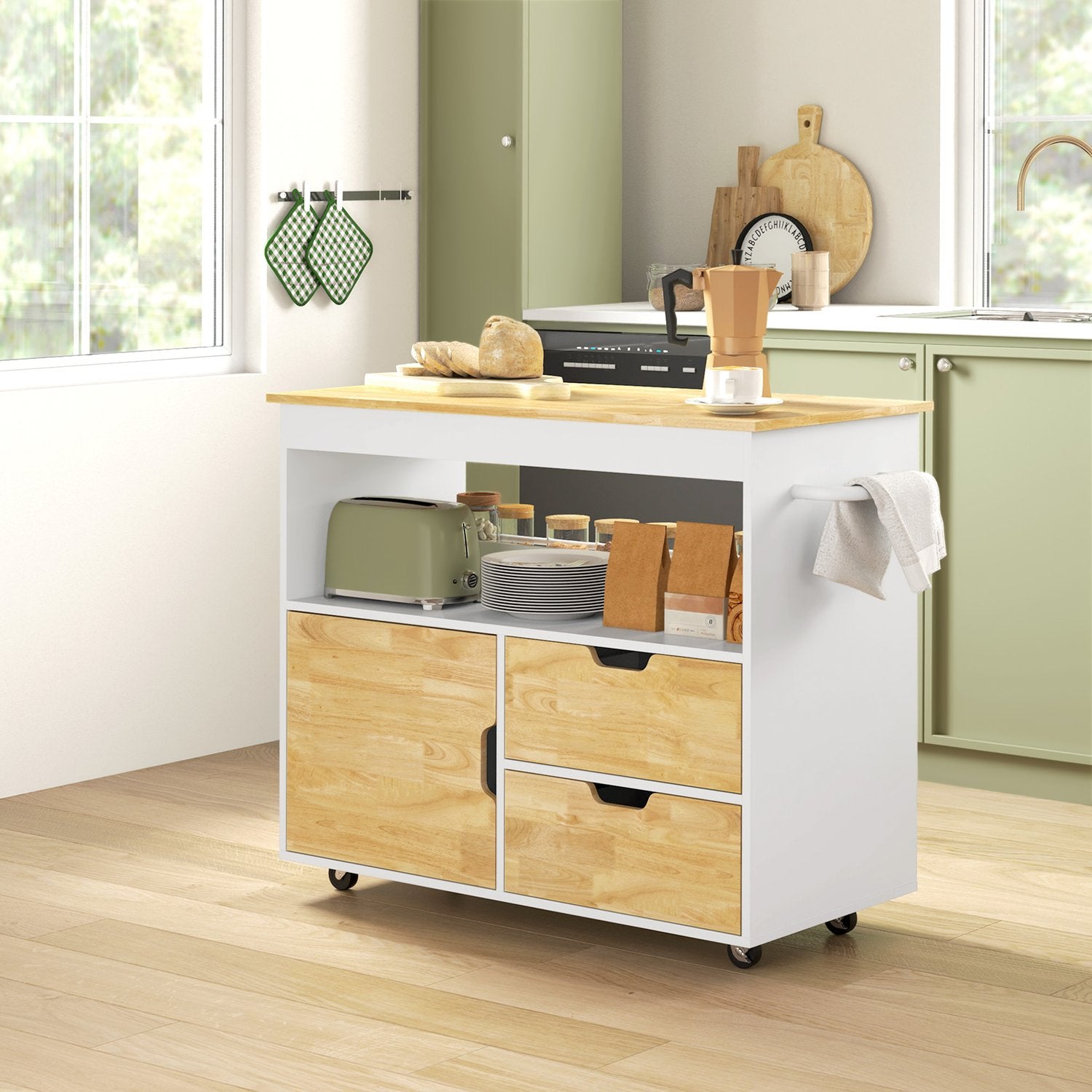Oak Kitchen Island Trolley – Bänkskiva, lådor, mjukstängande dörr