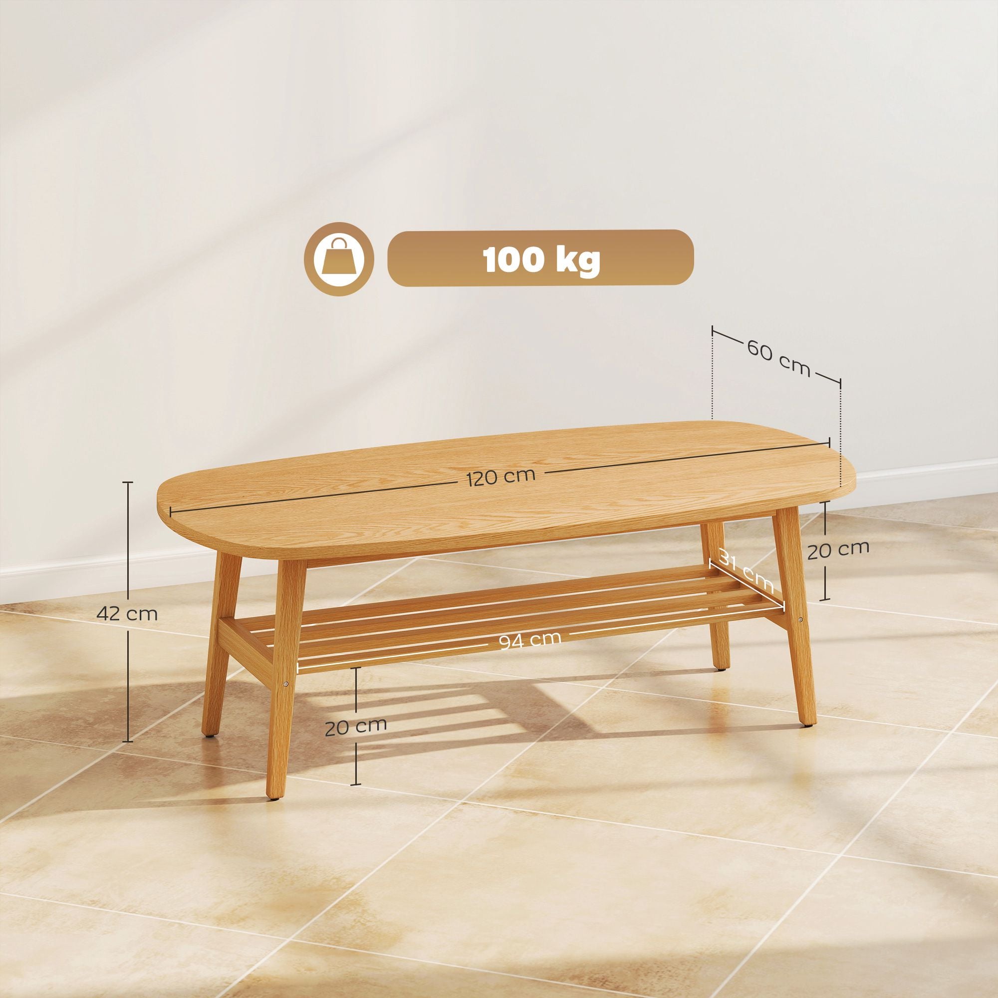 Ovalt soffbord med hyllplan, naturträ, 120x60x42 cm